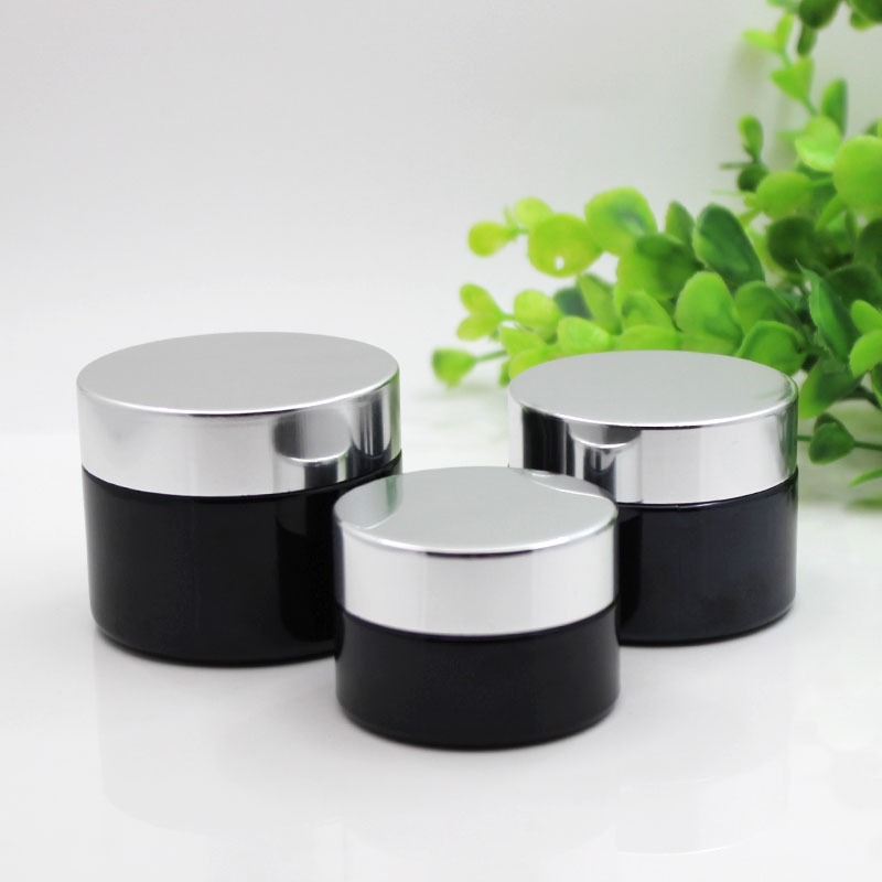 Customized Face Eye Cream Lip Container 20g 30g 50g Frosted Black Glass Cosmetic Cream Jar With Silver Metal Lid