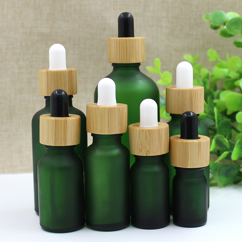 5ml 10ml 15ml 20ml 30ml 50ml Frosted Green Essential Oil Glass Serum Dropper Bottle With Bamboo Dropper Top