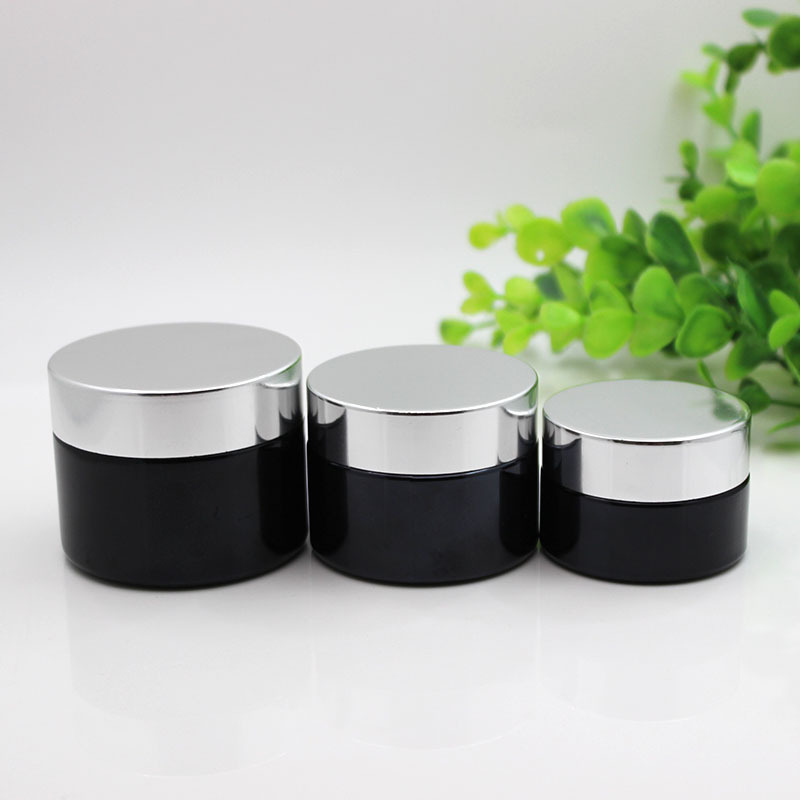 Customized Face Eye Cream Lip Container 20g 30g 50g Frosted Black Glass Cosmetic Cream Jar With Silver Metal Lid