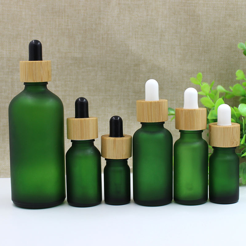 5ml 10ml 15ml 20ml 30ml 50ml Frosted Green Essential Oil Glass Serum Dropper Bottle With Bamboo Dropper Top