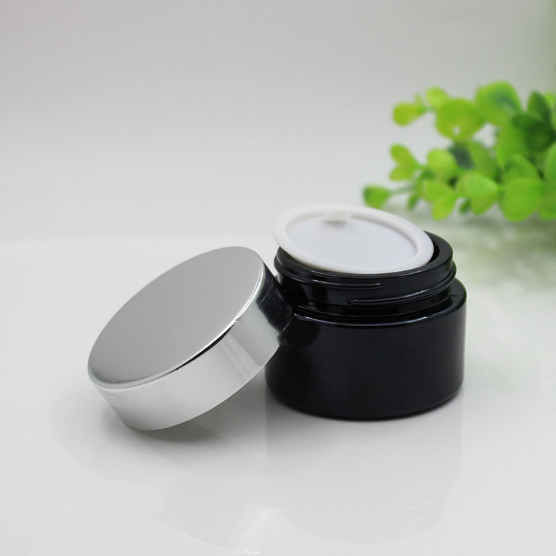 Customized Face Eye Cream Lip Container 20g 30g 50g Frosted Black Glass Cosmetic Cream Jar With Silver Metal Lid