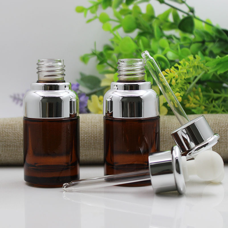 30ml Amber Glass Cosmetic Dropper Bottle Skin Care Serum Dropper Bottle With Silver Cap For Cosmetic Essential Oil