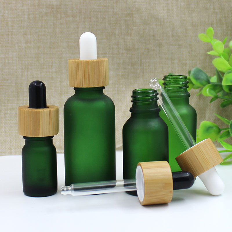 5ml 10ml 15ml 20ml 30ml 50ml Frosted Green Essential Oil Glass Serum Dropper Bottle With Bamboo Dropper Top