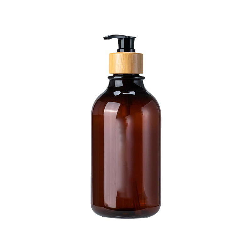 500ml Amber Clear PET Round Shoulder Spray Bottle Plastic Lotion Pump Shampoo Bottle With Bamboo Pump Cap