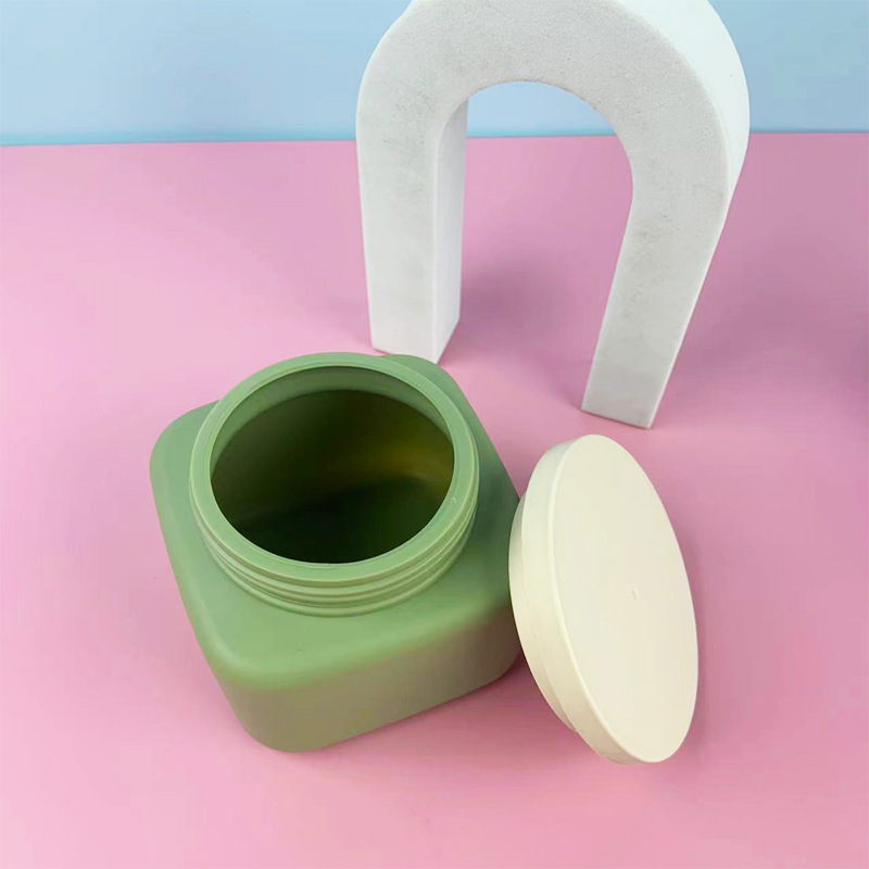 350ml Square Shoulder Skincare Plastic Cream Jar Green HDPE Empty Frosted Cosmetic Packaging Plastic Jar With Screw Lid