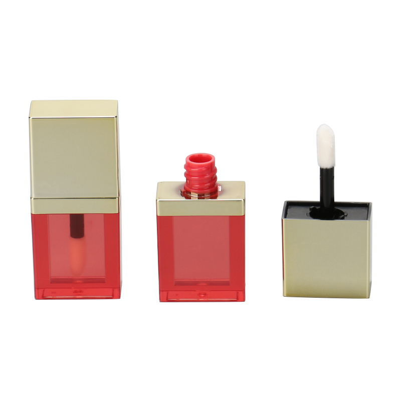 Red Flat Square Lip Gloss Big Brush Applicator Empty Tube Cosmetic Lip Gloss Container Tube With Gold Cap