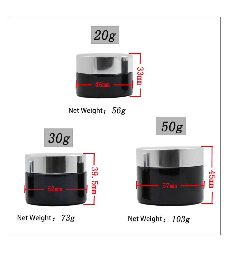 Customized Face Eye Cream Lip Container 20g 30g 50g Frosted Black Glass Cosmetic Cream Jar With Silver Metal Lid