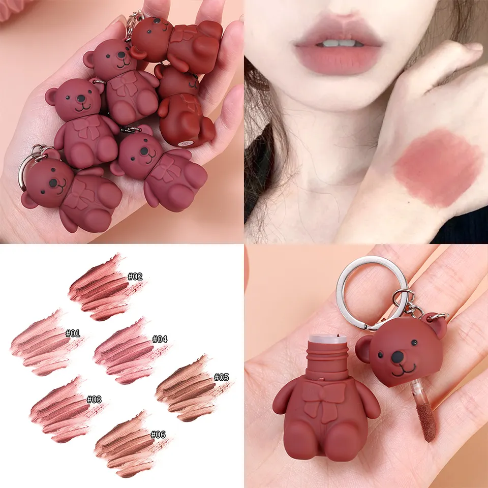 Makeup Your Own Cute Bear Shape Lipgloss Key Chain 6 Colors Matte Vegan Liquid Lip Stick Long Lasting Lipstick