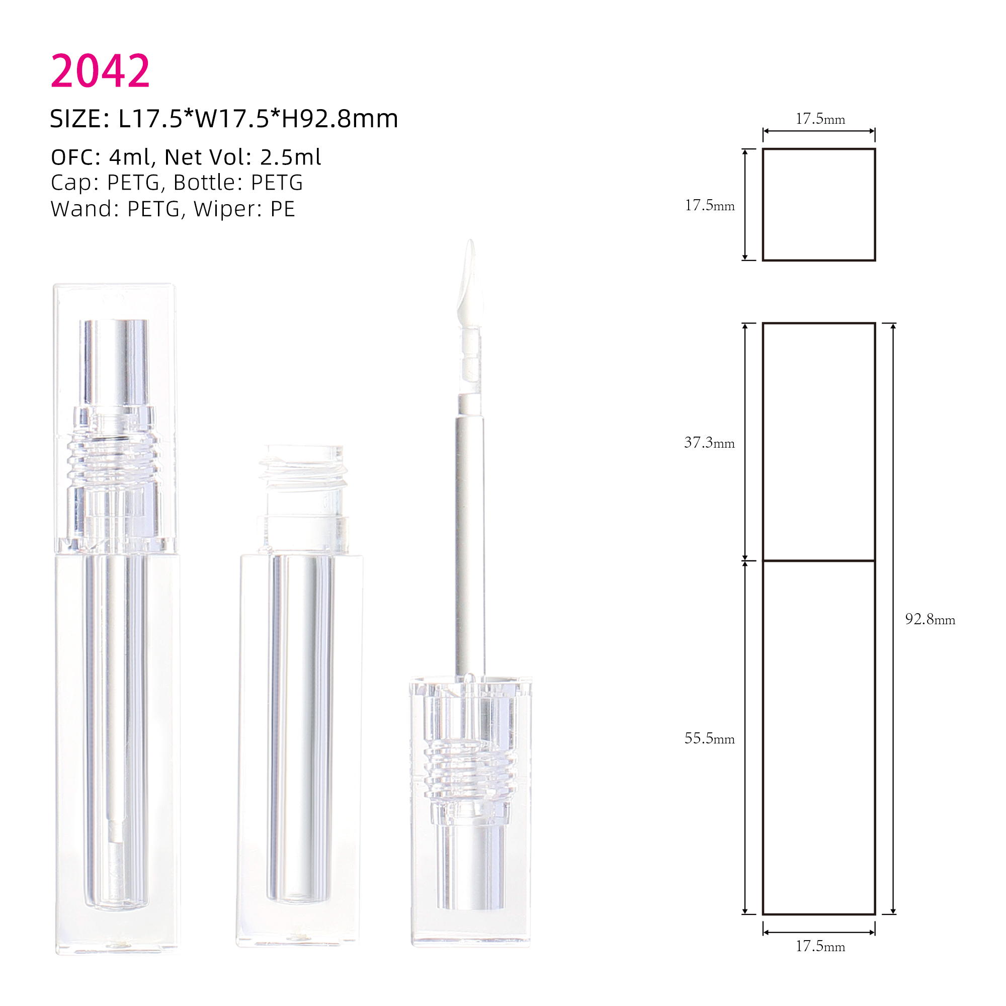 2.5ml PETG Plastic Empty Lipgloss Tube Container Square Clear Pink Lip Gloss Tubes