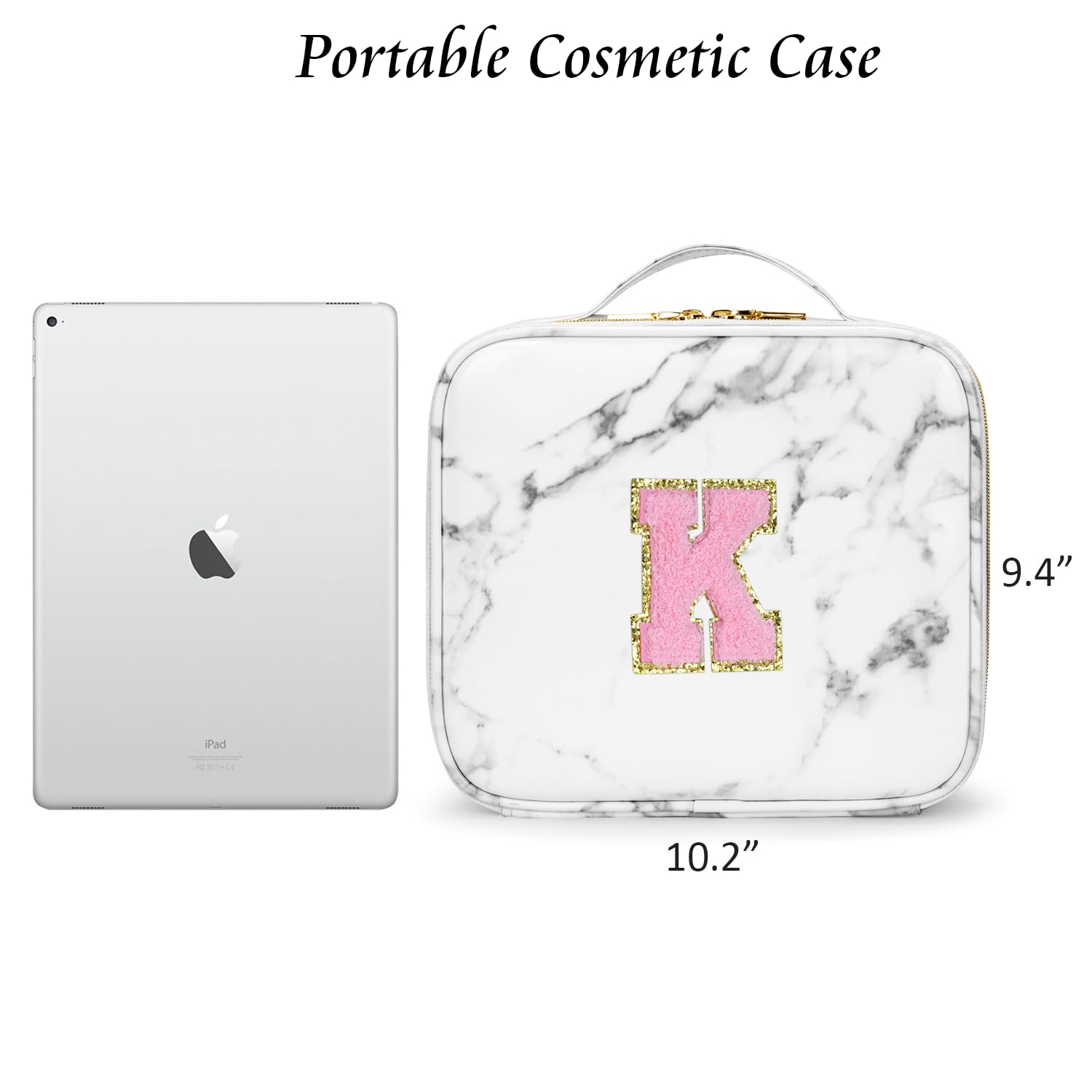 A To Z Letter Flocked PU Leather Cosmetic Storage Box Marble Pattern Travel Makeup Bag Case With Led Light Mirror