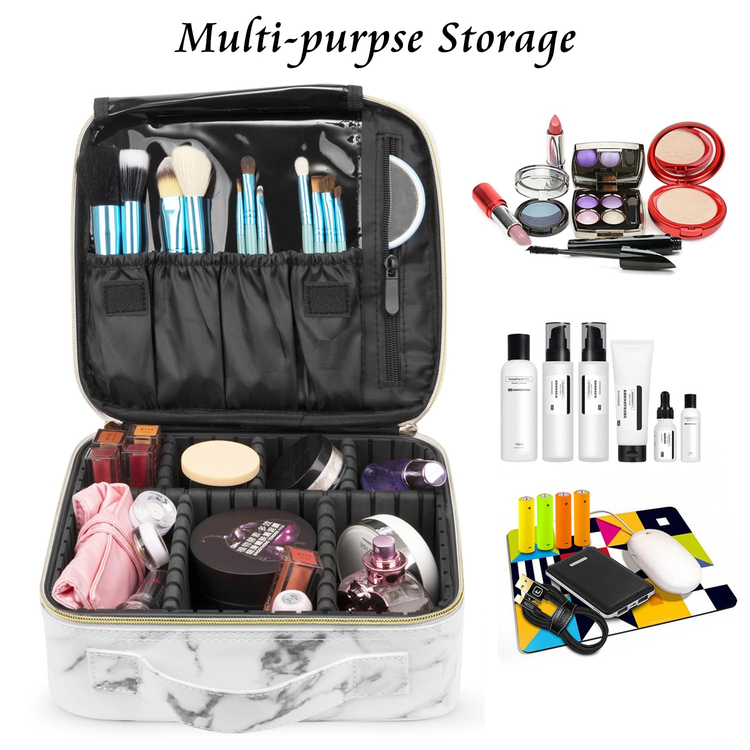 A To Z Letter Flocked PU Leather Cosmetic Storage Box Marble Pattern Travel Makeup Bag Case With Led Light Mirror