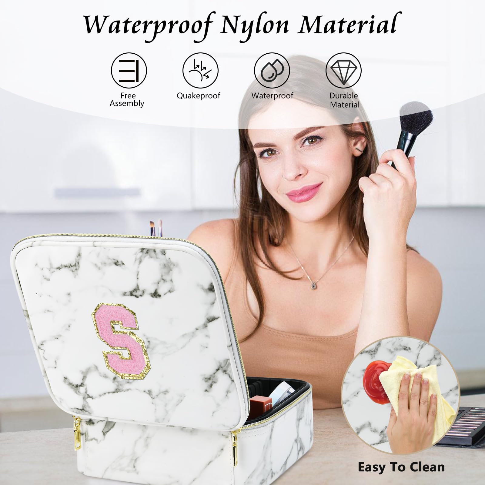 A To Z Letter Flocked PU Leather Cosmetic Storage Box Marble Pattern Travel Makeup Bag Case With Led Light Mirror