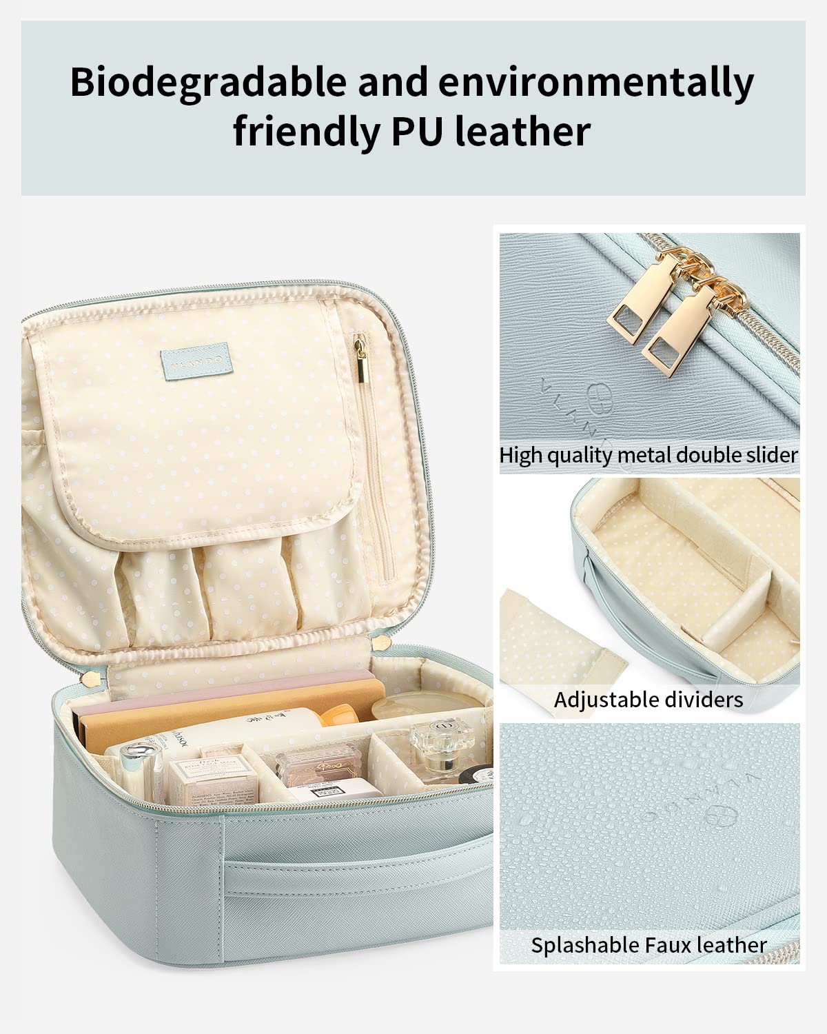 Portable Make Up Organizer Leather Travel Toiletry Case Makeup Cosmetic Durable Bag With Adjustable Dividers