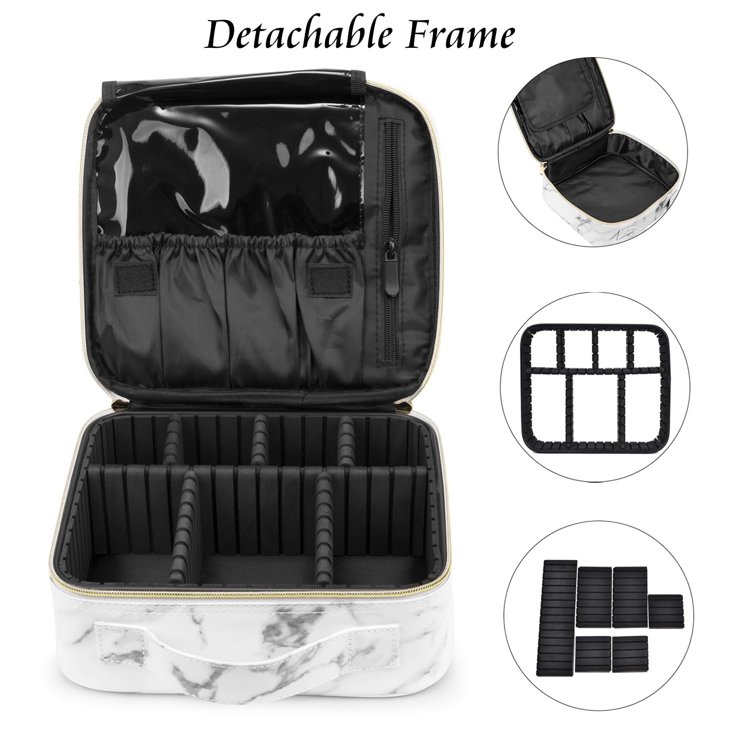 A To Z Letter Flocked PU Leather Cosmetic Storage Box Marble Pattern Travel Makeup Bag Case With Led Light Mirror