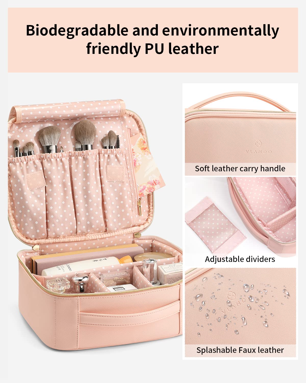 Portable Make Up Organizer Leather Travel Toiletry Case Makeup Cosmetic Durable Bag With Adjustable Dividers