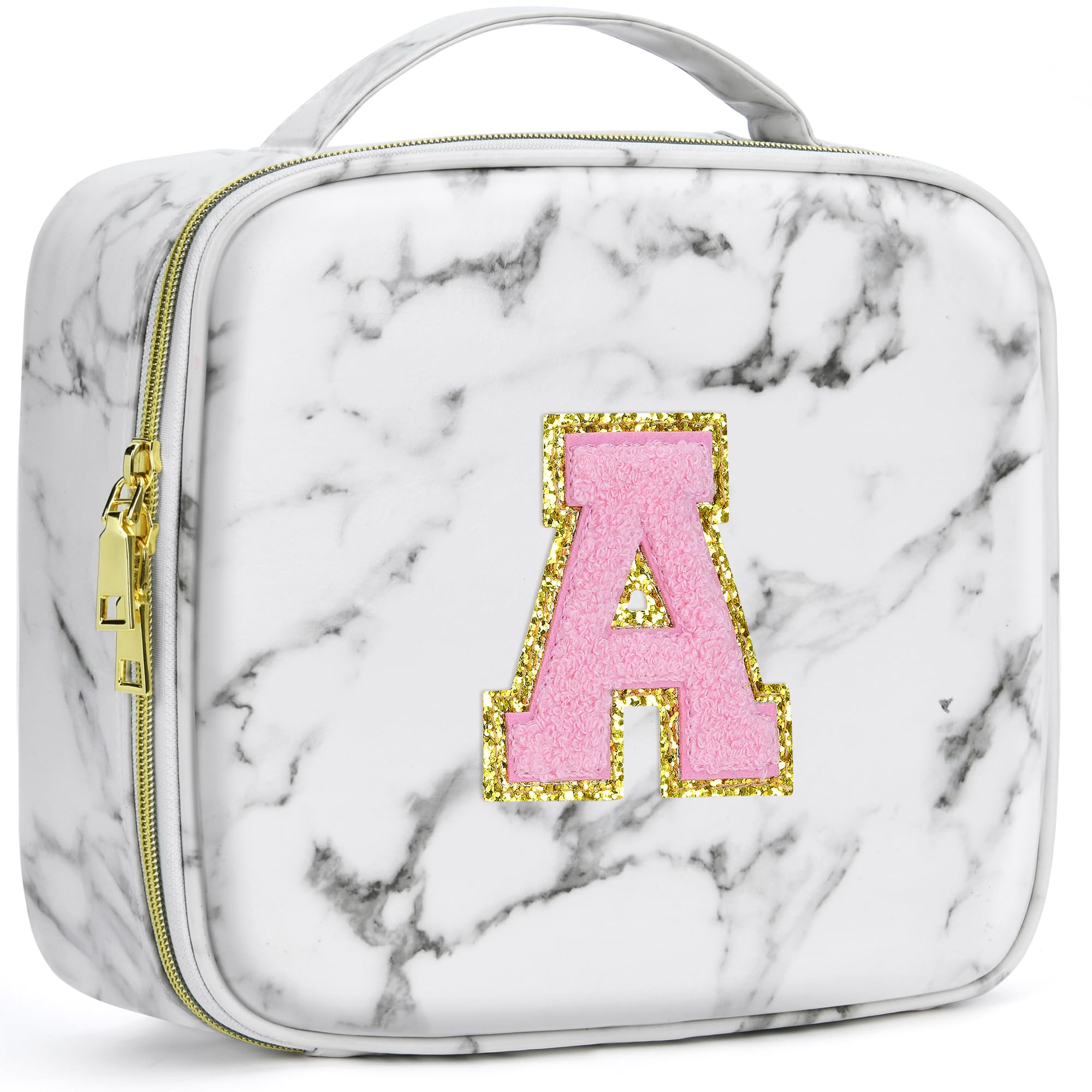 A To Z Letter Flocked PU Leather Cosmetic Storage Box Marble Pattern Travel Makeup Bag Case With Led Light Mirror