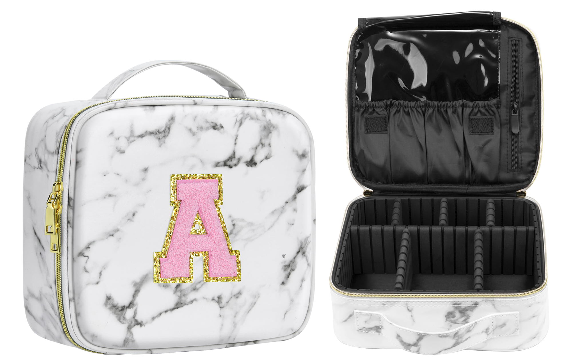 A To Z Letter Flocked PU Leather Cosmetic Storage Box Marble Pattern Travel Makeup Bag Case With Led Light Mirror