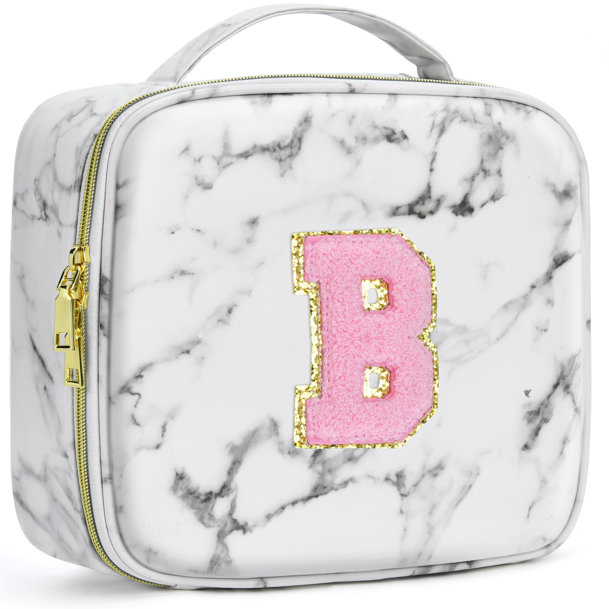 A To Z Letter Flocked PU Leather Cosmetic Storage Box Marble Pattern Travel Makeup Bag Case With Led Light Mirror