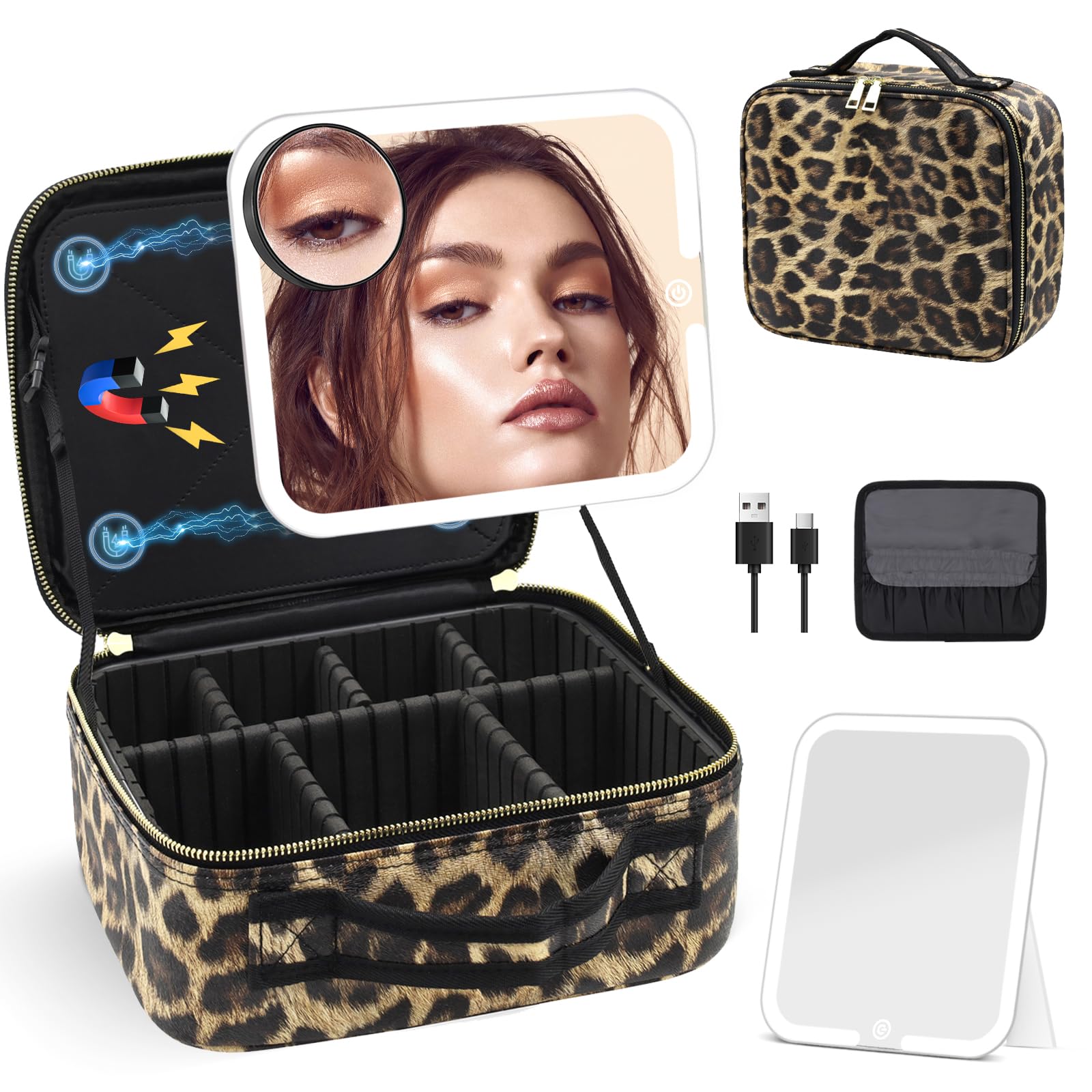 Leopard Printing Portable Make Up Bag Adjustable Dividers Light-Up Mirror Cosmetic Organizer Bag