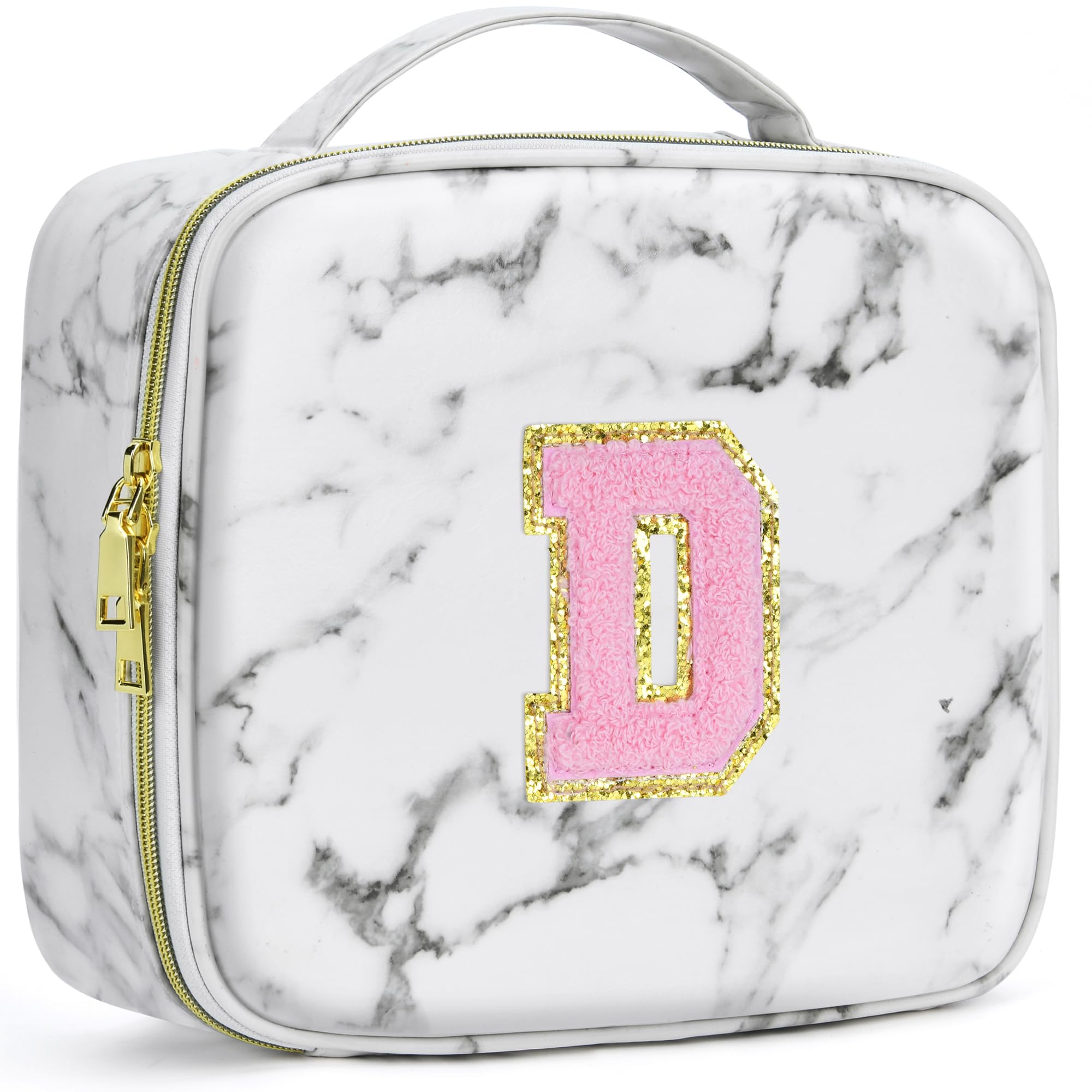 A To Z Letter Flocked PU Leather Cosmetic Storage Box Marble Pattern Travel Makeup Bag Case With Led Light Mirror