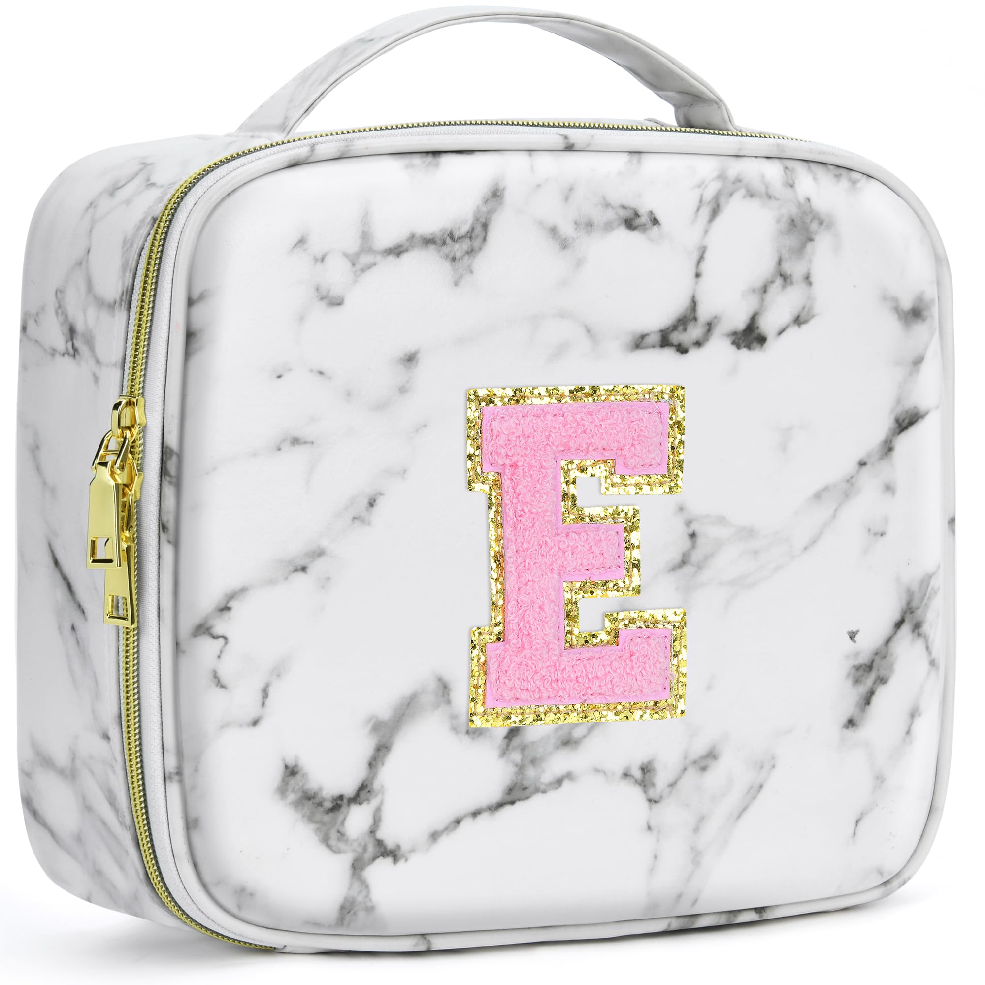 A To Z Letter Flocked PU Leather Cosmetic Storage Box Marble Pattern Travel Makeup Bag Case With Led Light Mirror