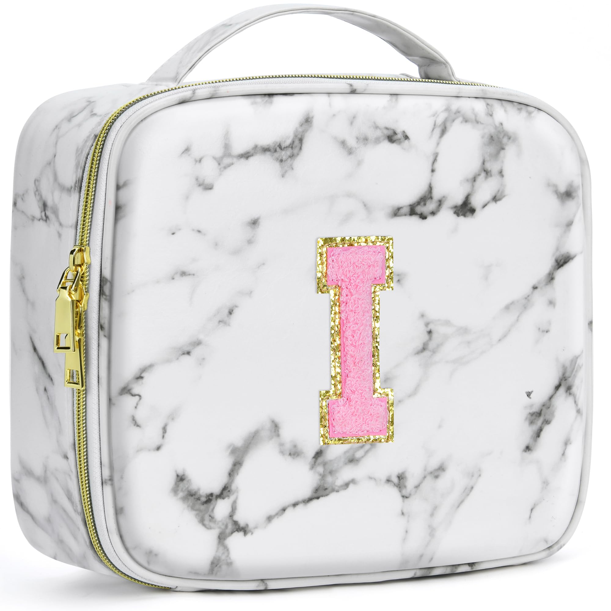 A To Z Letter Flocked PU Leather Cosmetic Storage Box Marble Pattern Travel Makeup Bag Case With Led Light Mirror