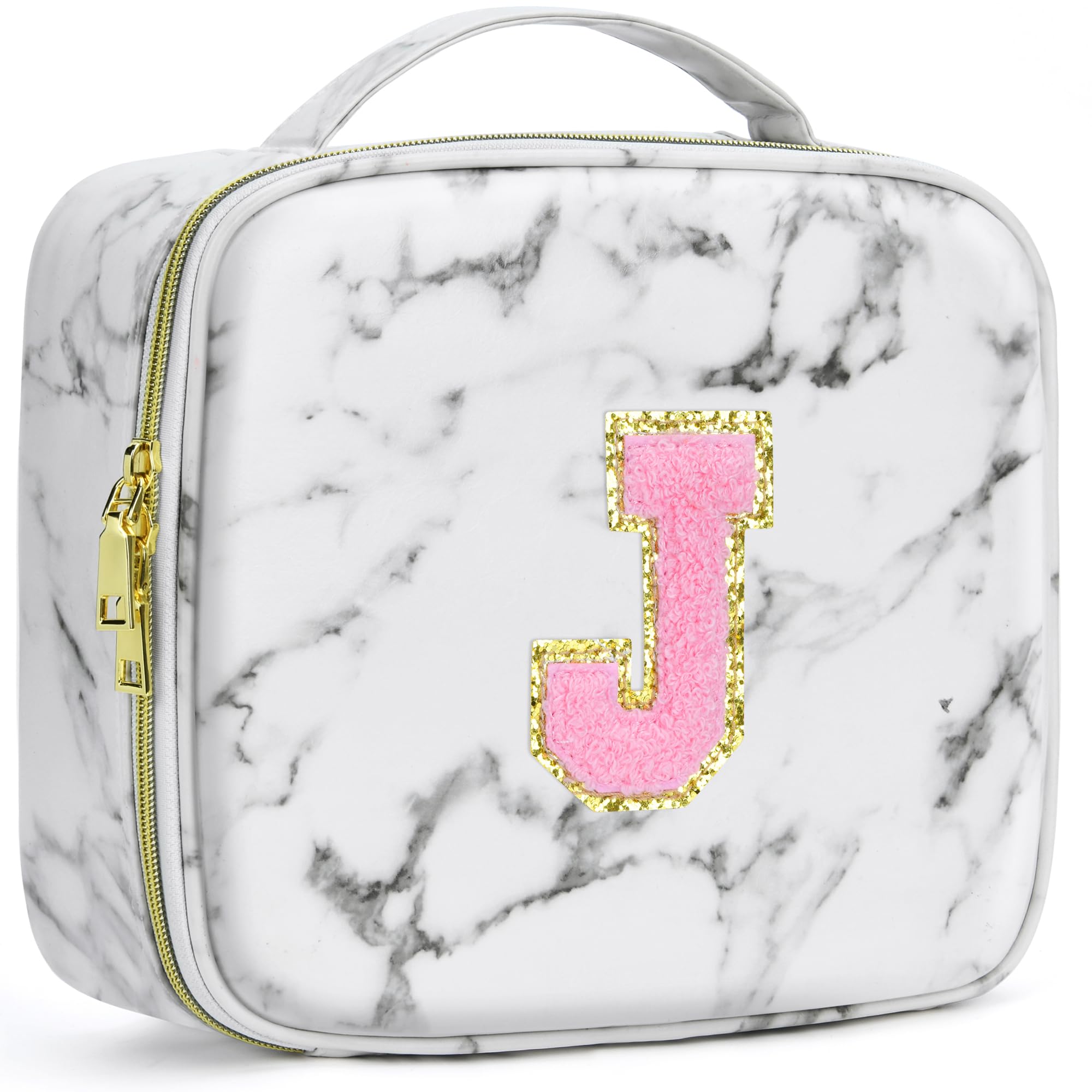 A To Z Letter Flocked PU Leather Cosmetic Storage Box Marble Pattern Travel Makeup Bag Case With Led Light Mirror