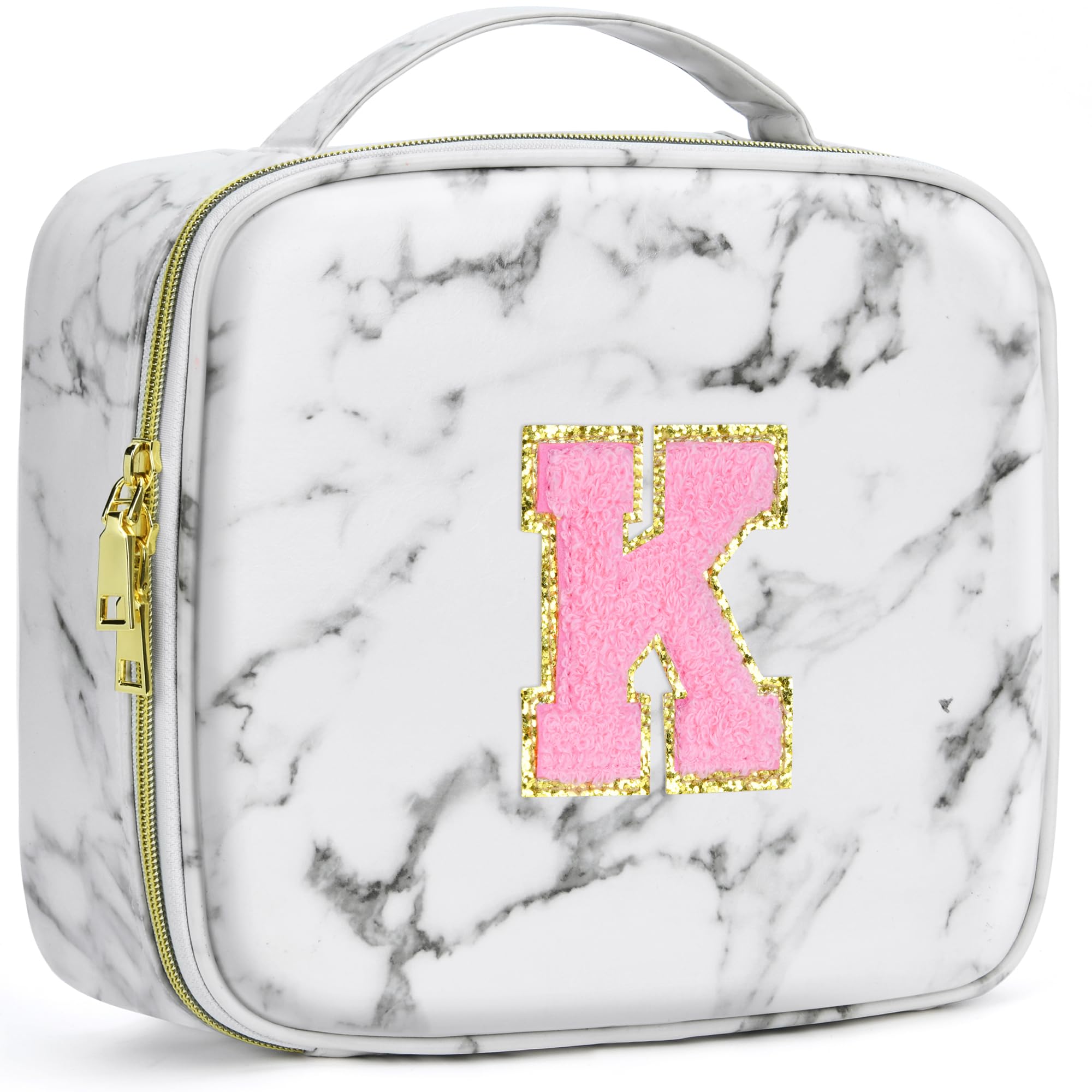 A To Z Letter Flocked PU Leather Cosmetic Storage Box Marble Pattern Travel Makeup Bag Case With Led Light Mirror