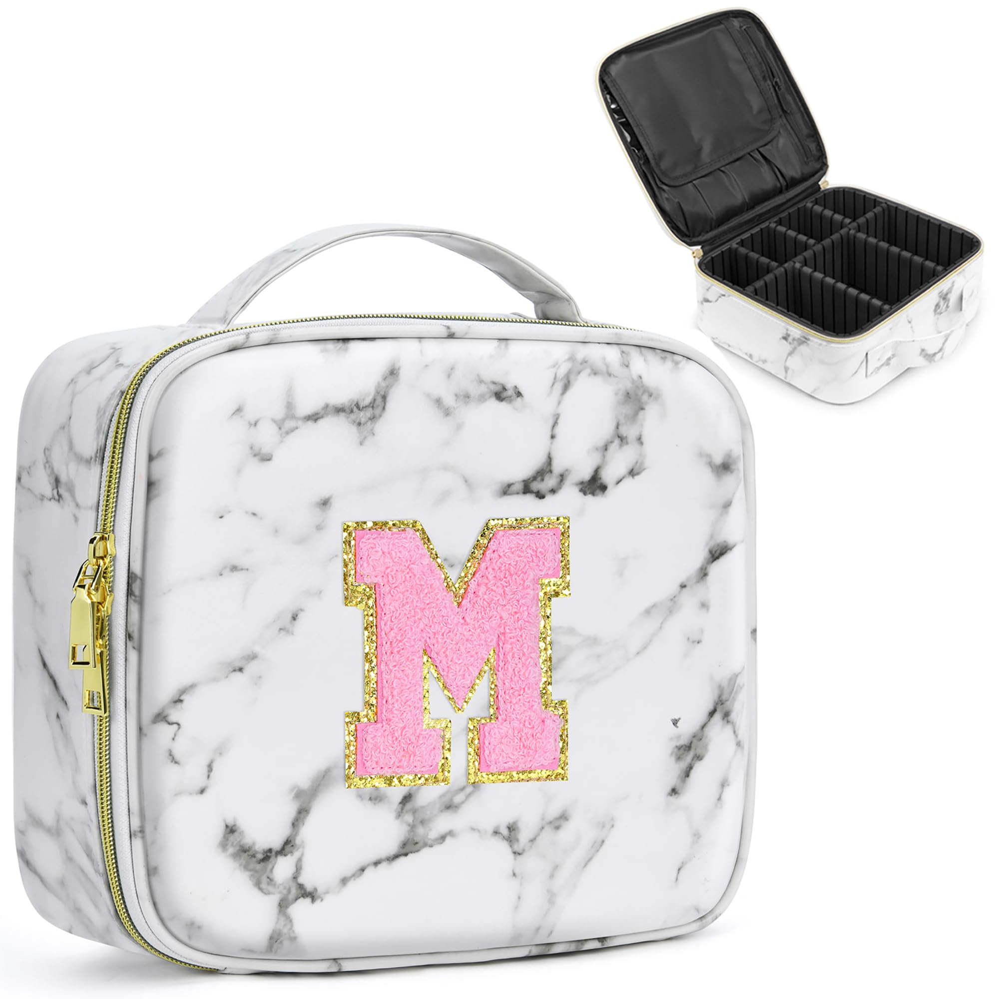 A To Z Letter Flocked PU Leather Cosmetic Storage Box Marble Pattern Travel Makeup Bag Case With Led Light Mirror