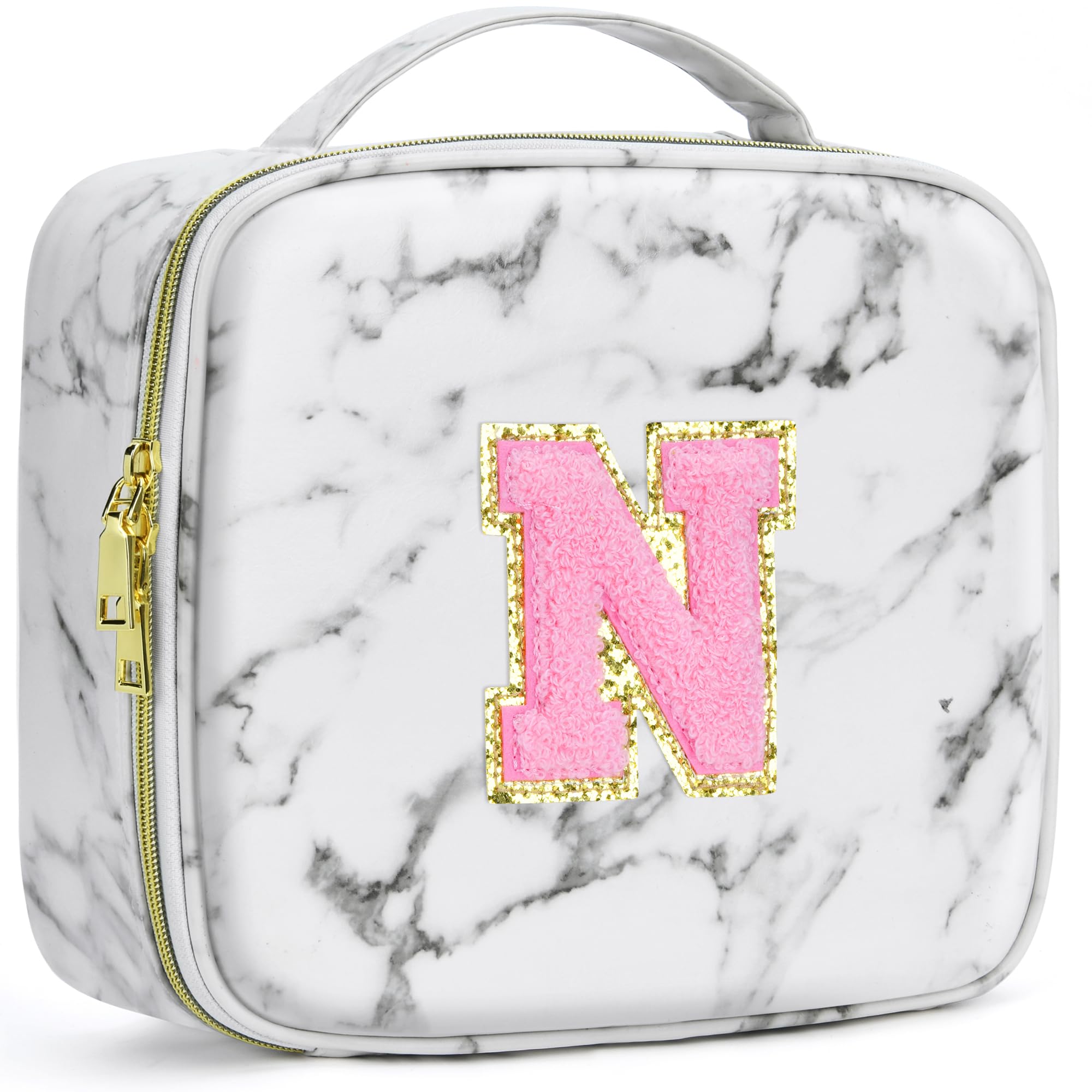 A To Z Letter Flocked PU Leather Cosmetic Storage Box Marble Pattern Travel Makeup Bag Case With Led Light Mirror