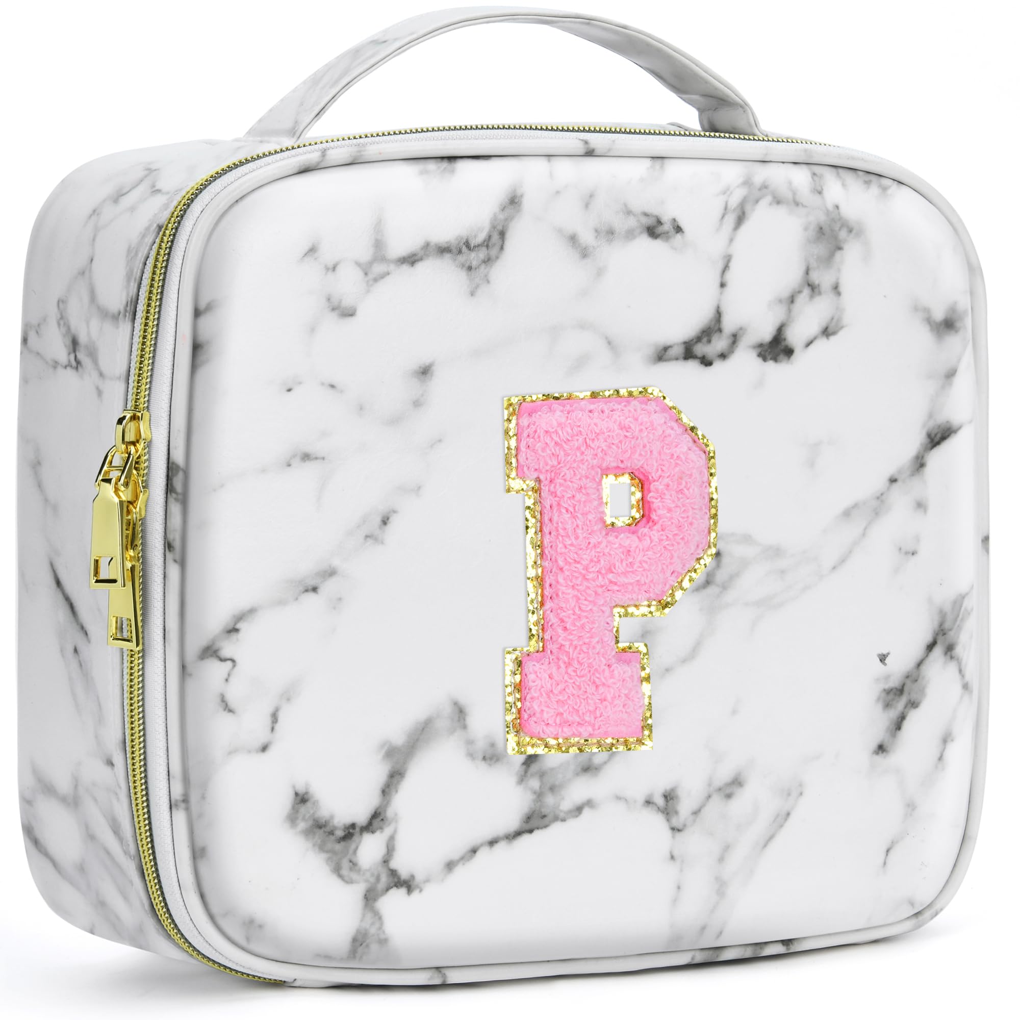 A To Z Letter Flocked PU Leather Cosmetic Storage Box Marble Pattern Travel Makeup Bag Case With Led Light Mirror