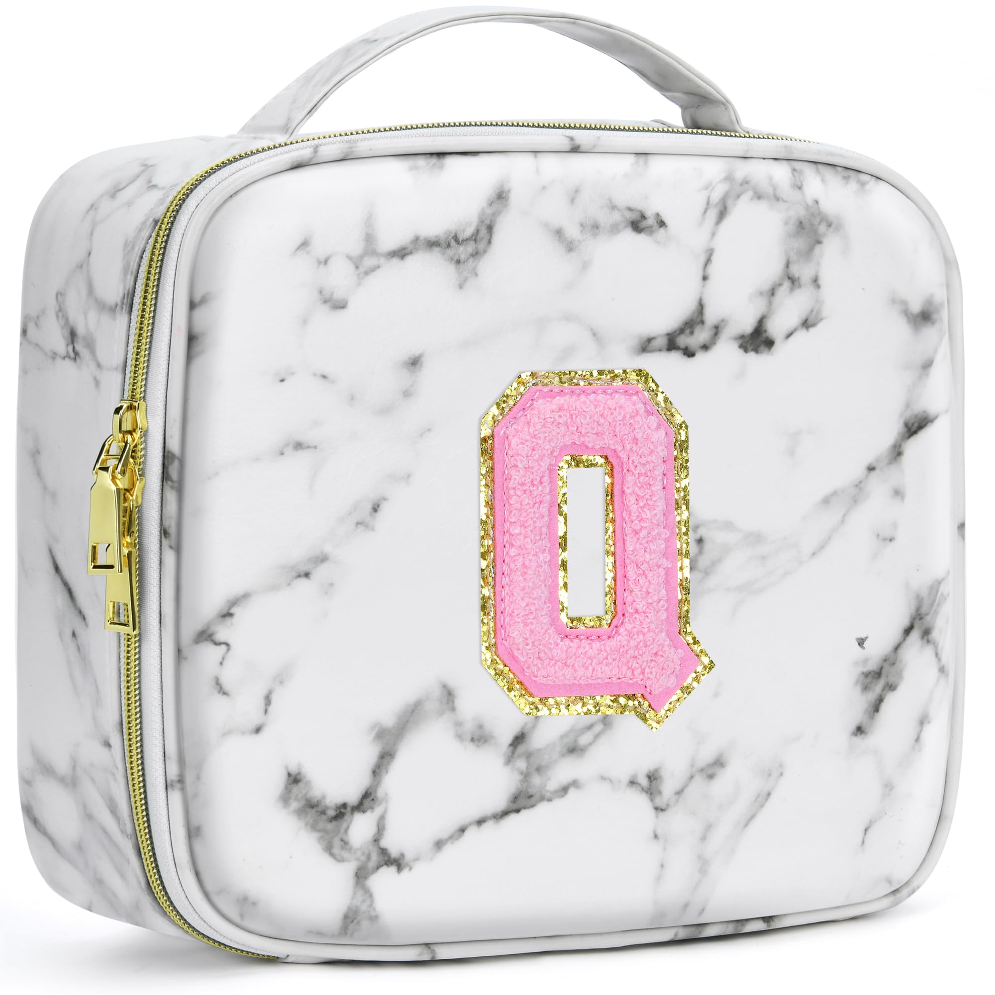 A To Z Letter Flocked PU Leather Cosmetic Storage Box Marble Pattern Travel Makeup Bag Case With Led Light Mirror