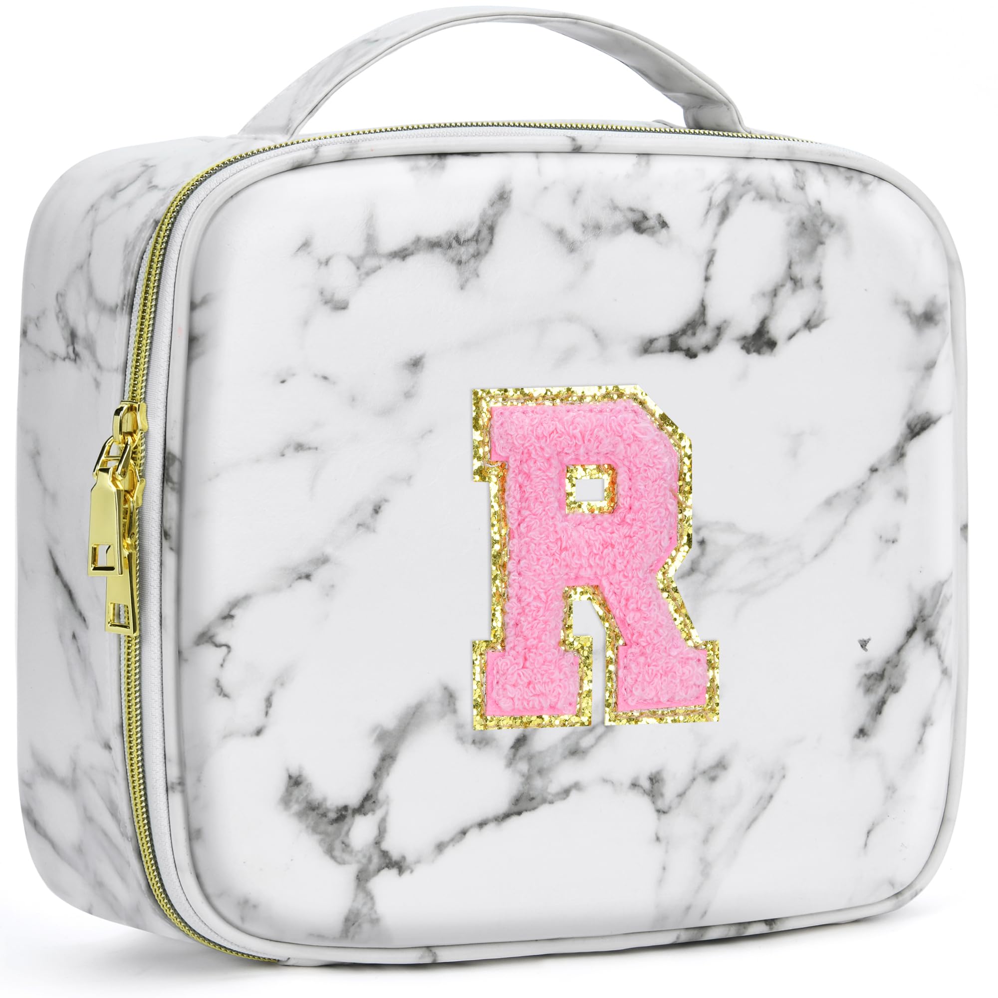 A To Z Letter Flocked PU Leather Cosmetic Storage Box Marble Pattern Travel Makeup Bag Case With Led Light Mirror