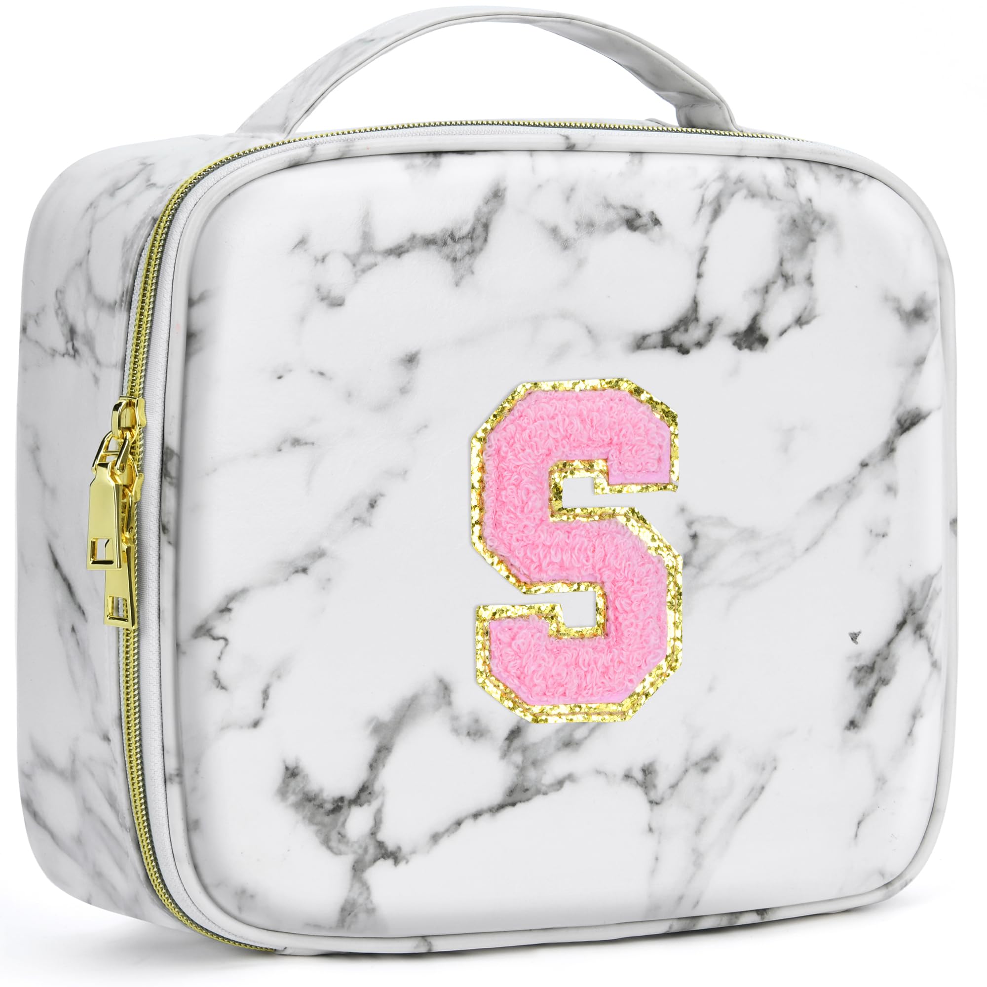 A To Z Letter Flocked PU Leather Cosmetic Storage Box Marble Pattern Travel Makeup Bag Case With Led Light Mirror