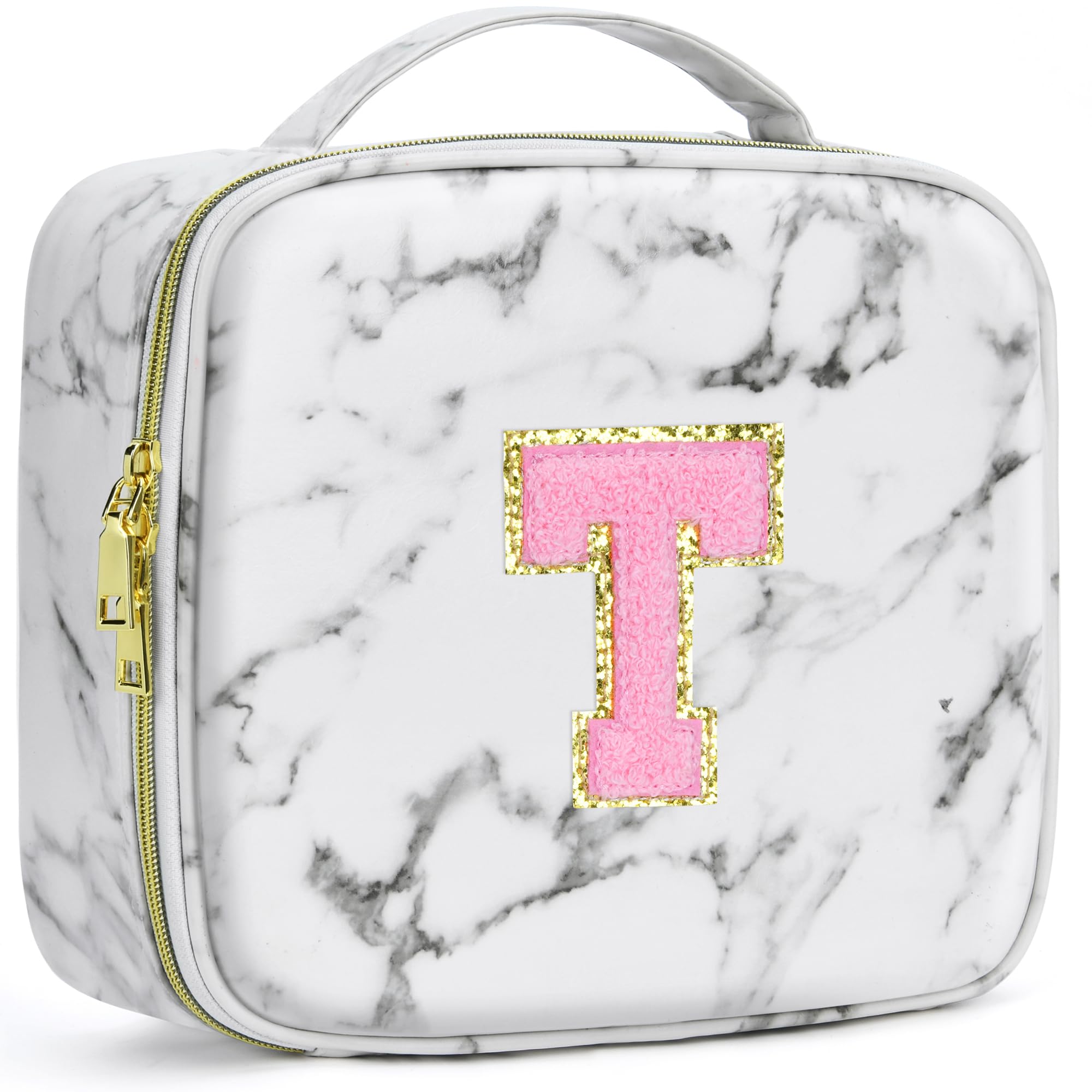 A To Z Letter Flocked PU Leather Cosmetic Storage Box Marble Pattern Travel Makeup Bag Case With Led Light Mirror