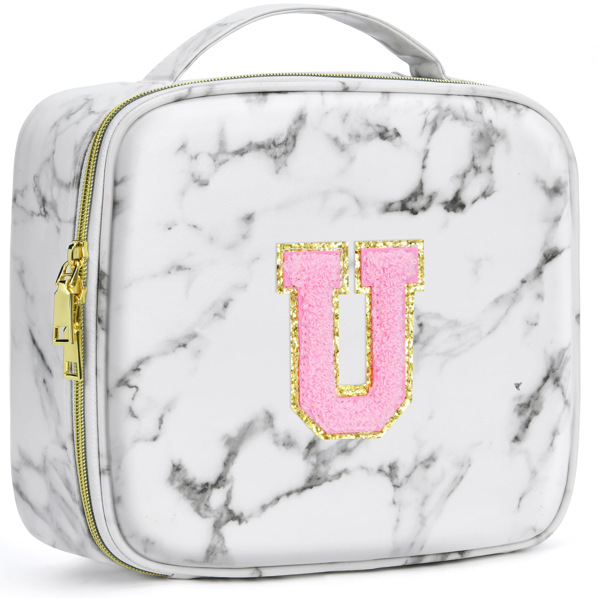 A To Z Letter Flocked PU Leather Cosmetic Storage Box Marble Pattern Travel Makeup Bag Case With Led Light Mirror