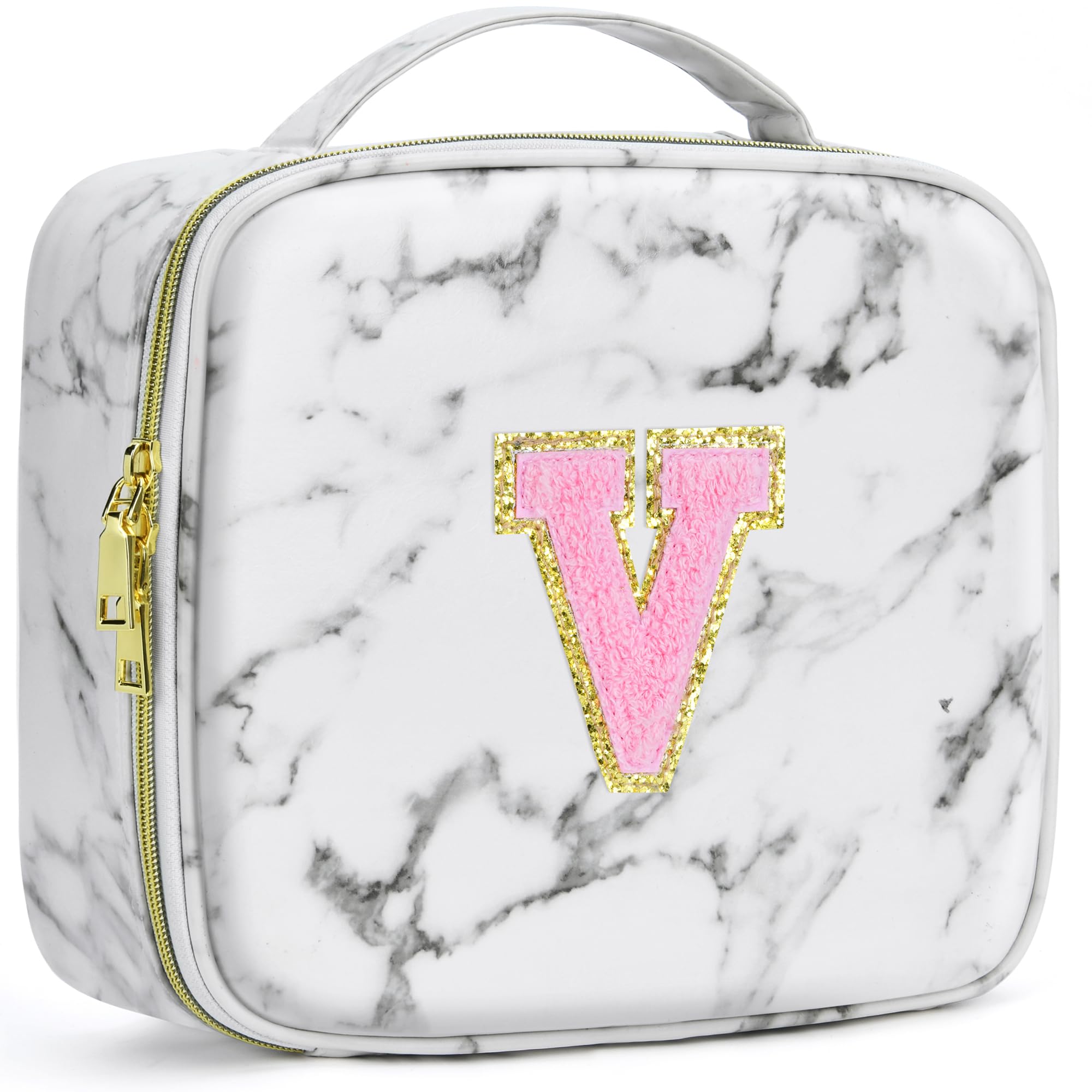 A To Z Letter Flocked PU Leather Cosmetic Storage Box Marble Pattern Travel Makeup Bag Case With Led Light Mirror