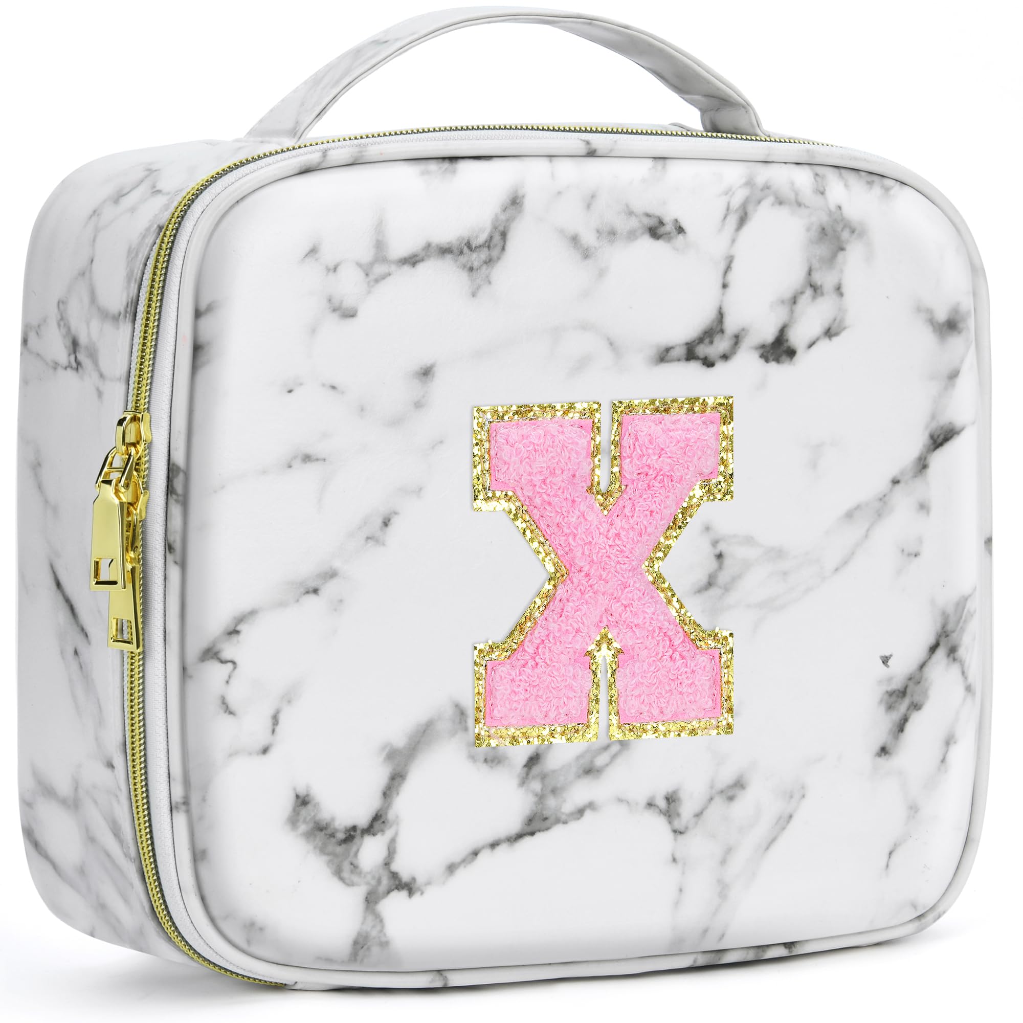 A To Z Letter Flocked PU Leather Cosmetic Storage Box Marble Pattern Travel Makeup Bag Case With Led Light Mirror