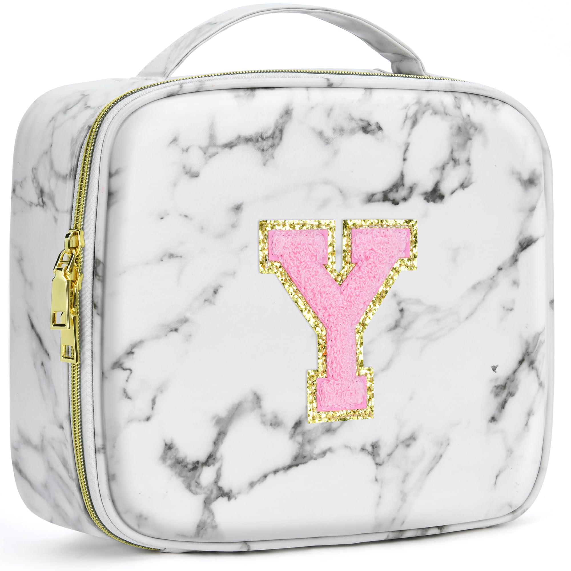 A To Z Letter Flocked PU Leather Cosmetic Storage Box Marble Pattern Travel Makeup Bag Case With Led Light Mirror