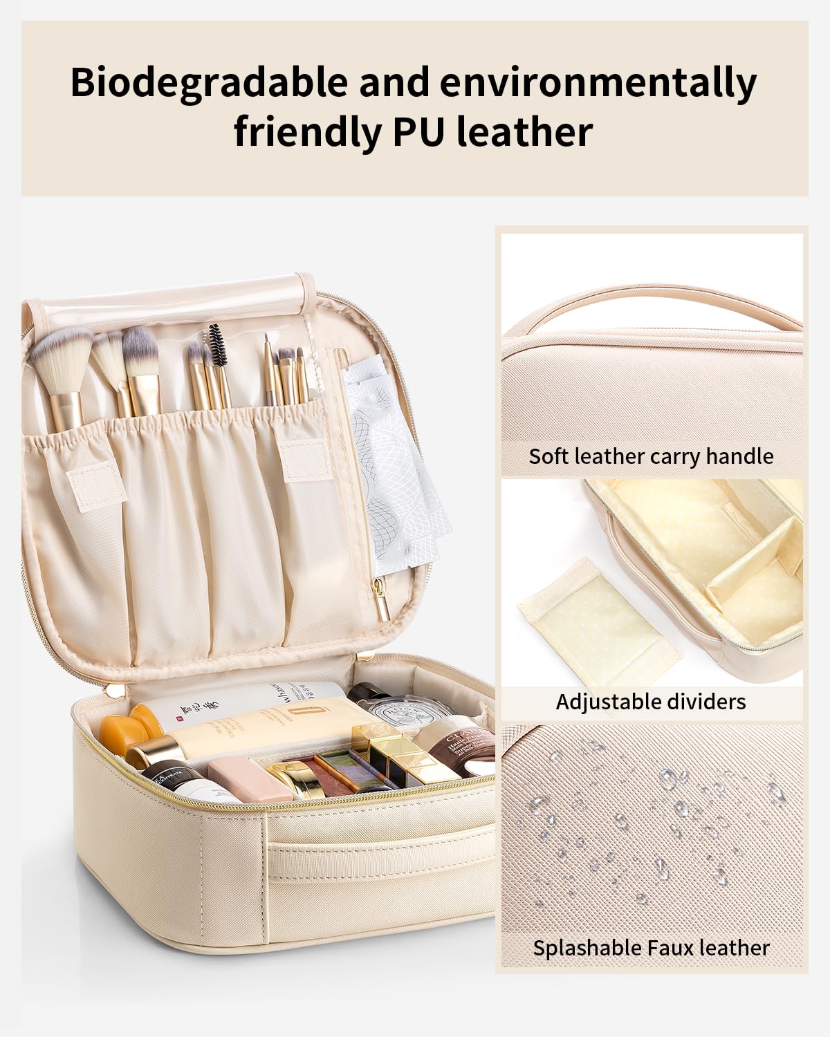 Portable Make Up Organizer Leather Travel Toiletry Case Makeup Cosmetic Durable Bag With Adjustable Dividers