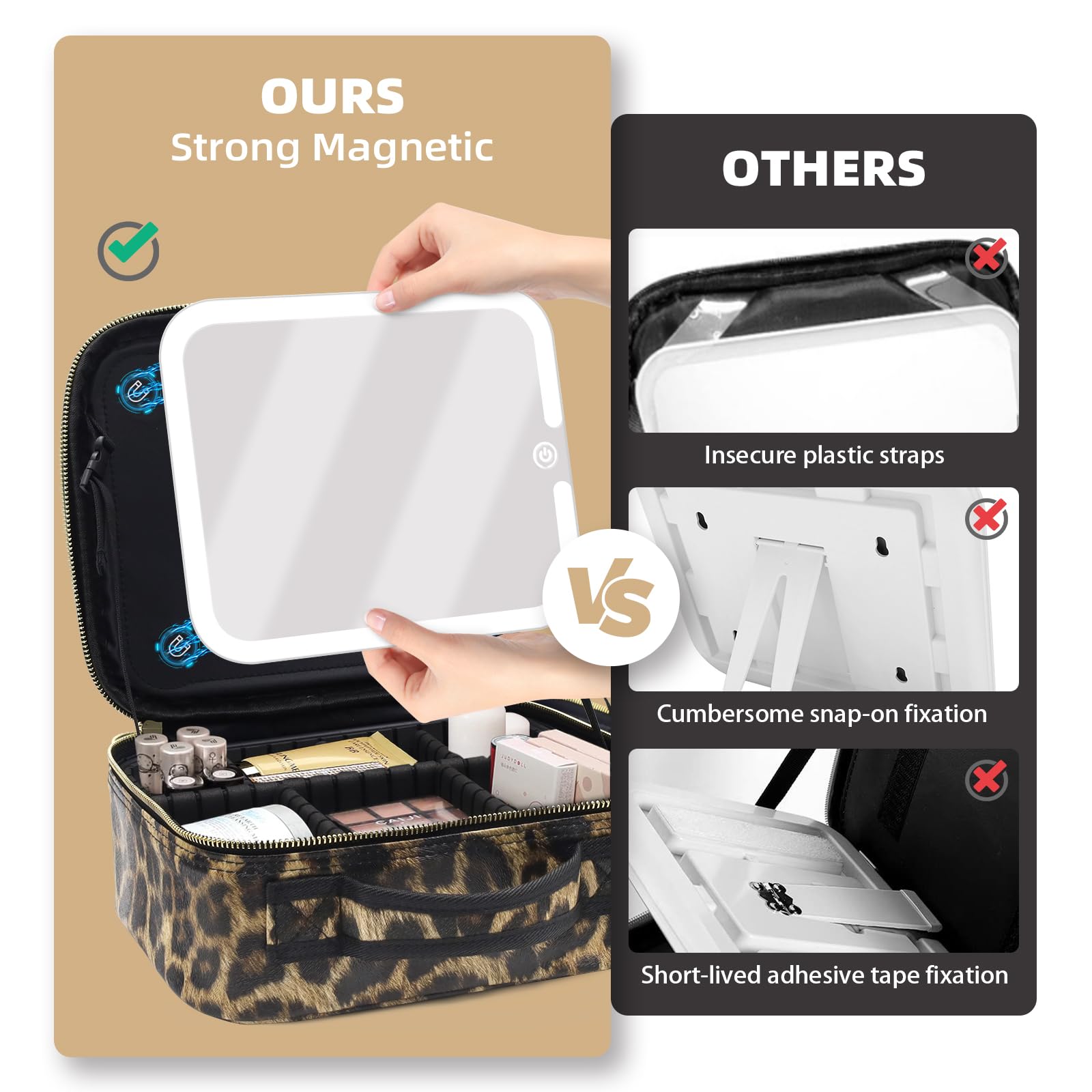 Leopard Printing Portable Make Up Bag Adjustable Dividers Light-Up Mirror Cosmetic Organizer Bag