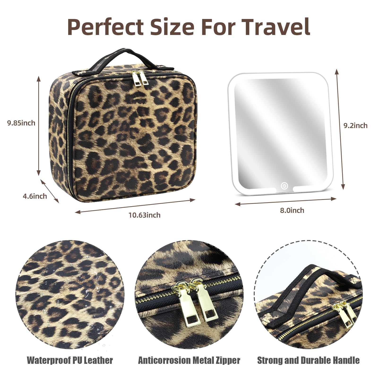 Leopard Printing Portable Make Up Bag Adjustable Dividers Light-Up Mirror Cosmetic Organizer Bag