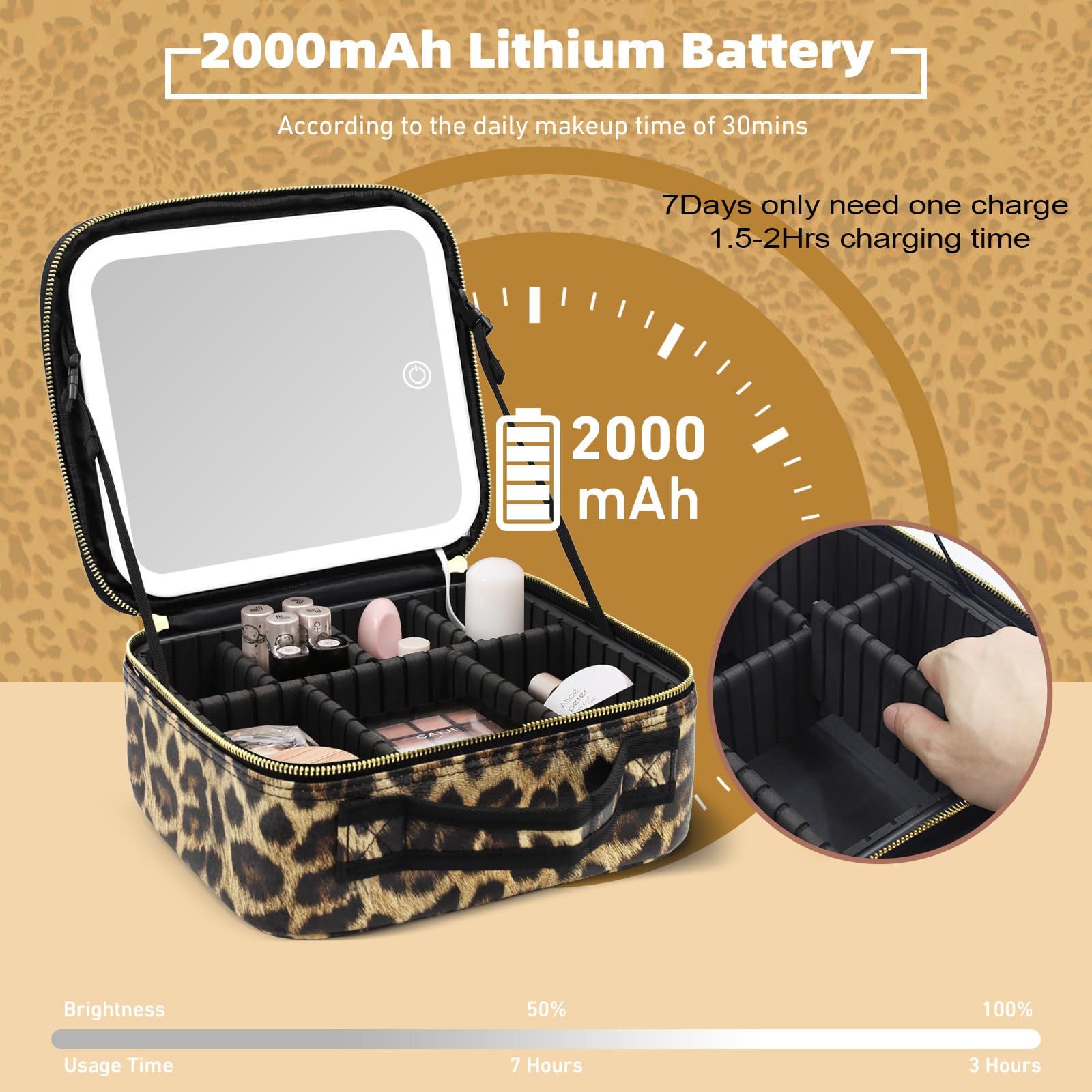 Leopard Printing Portable Make Up Bag Adjustable Dividers Light-Up Mirror Cosmetic Organizer Bag