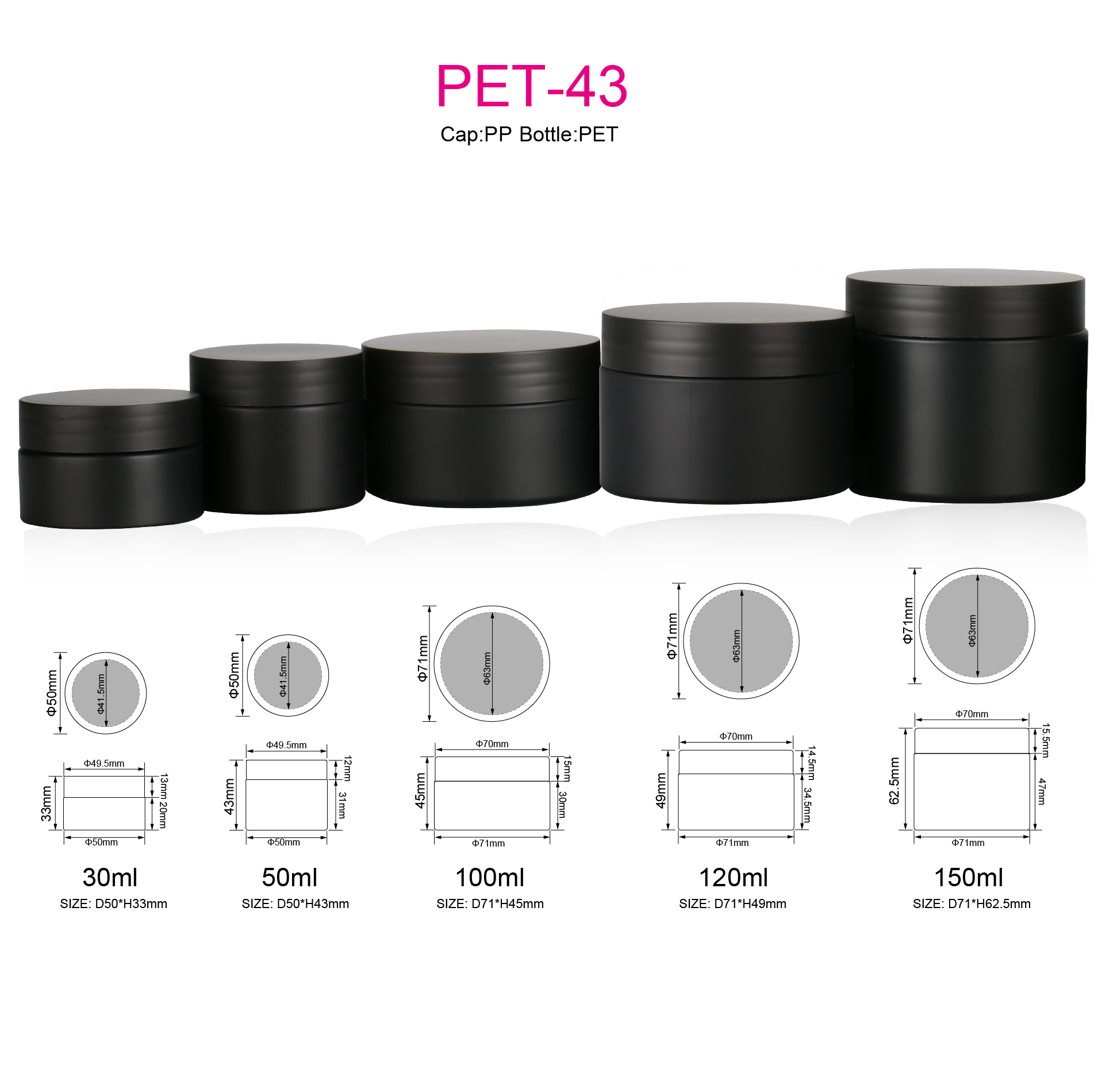 Frosted Round 30g 50g 100g 120g 150g Body Scrub Face Cream PP Plastic Matte Black Cosmetic Jar