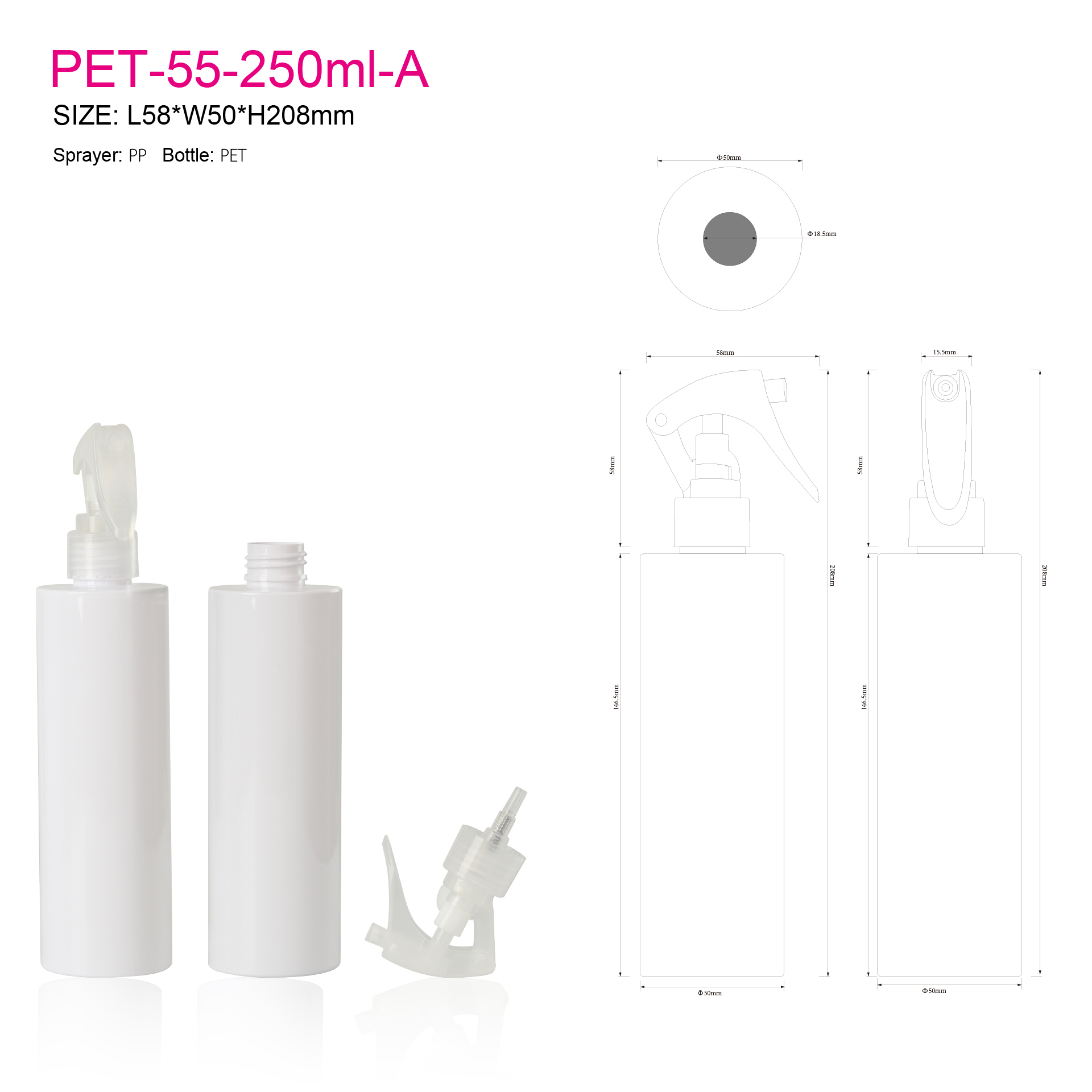 Empty 100ml 200ml 250ml White PET Plastic Water Trigger Spray Bottle With Trigger Nasal Sprayer