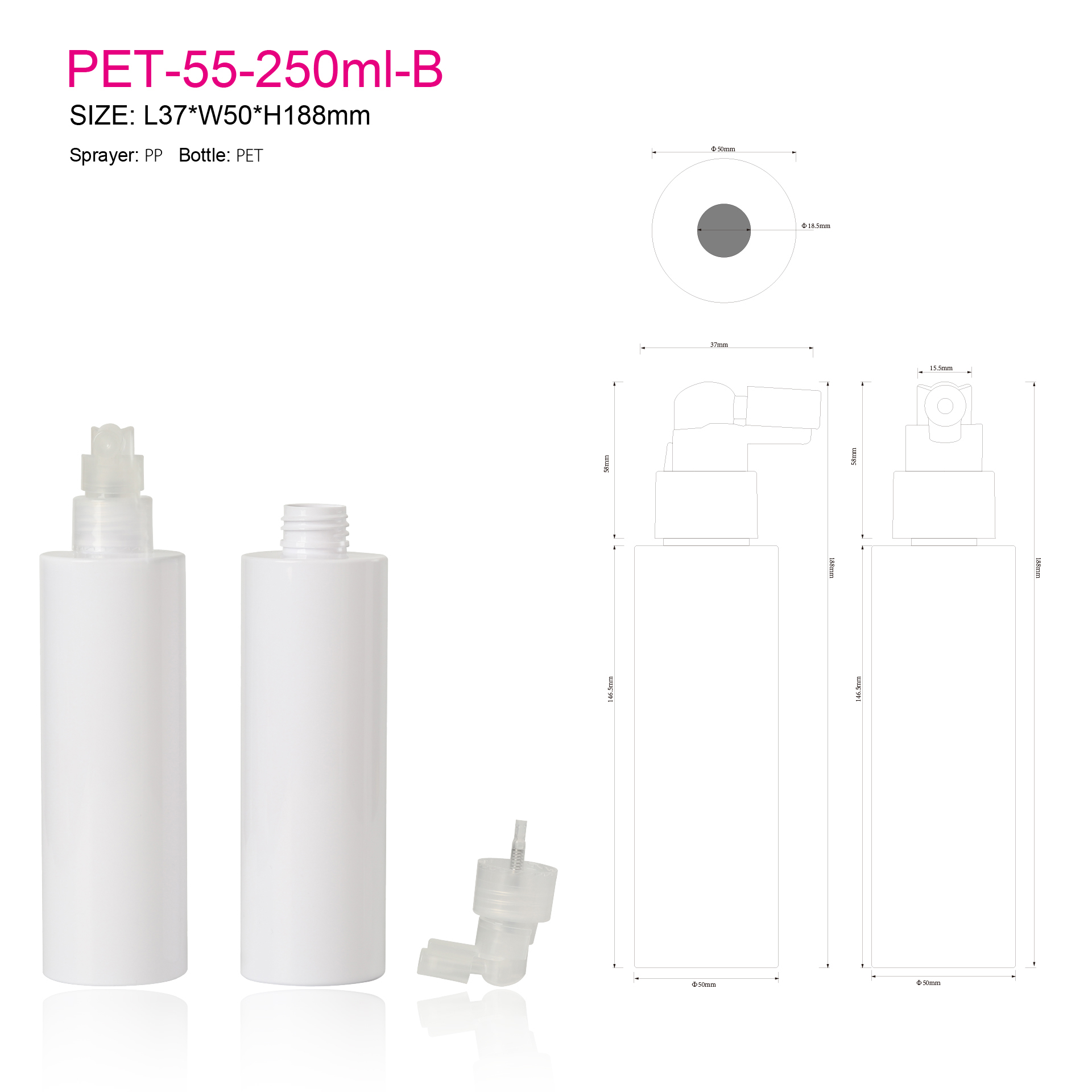 Empty 100ml 200ml 250ml White PET Plastic Water Trigger Spray Bottle With Trigger Nasal Sprayer