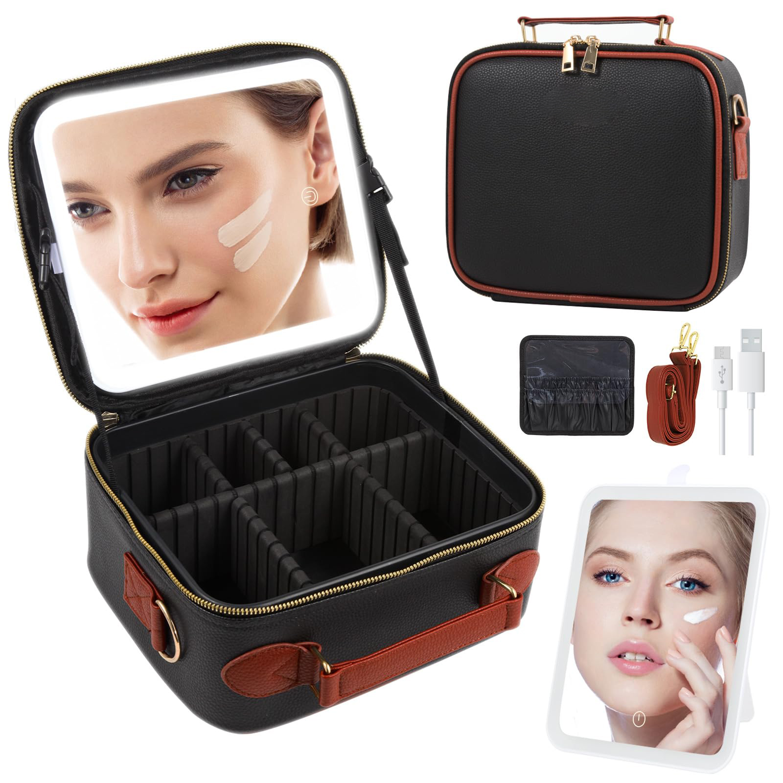 Custom Portable Travel Cosmetic Bag Cases Pink Black Waterproof PU Makeup Bags With Led Makeup Mirror就