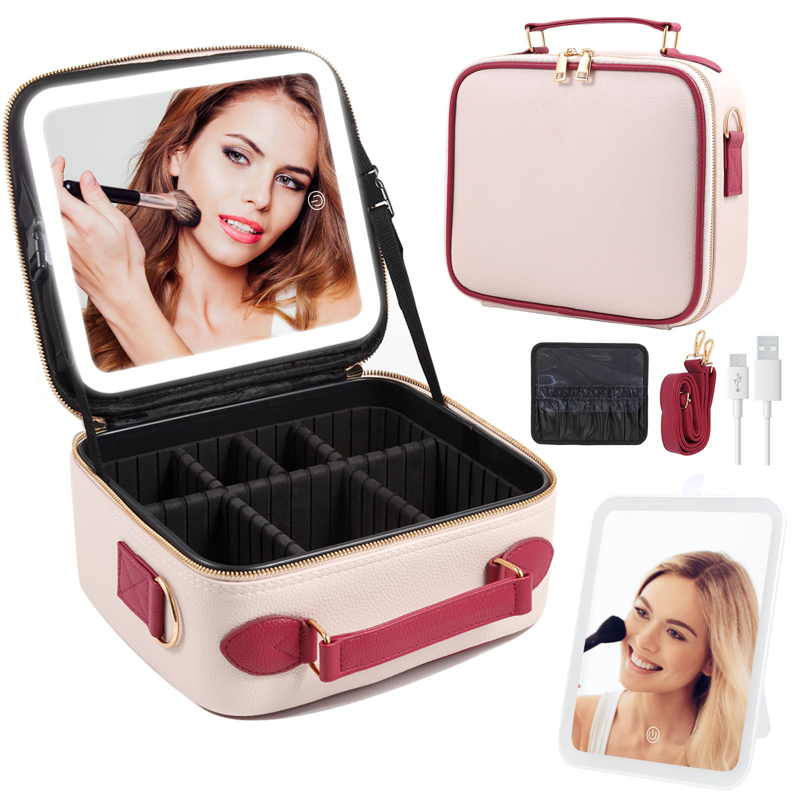 Custom Portable Travel Cosmetic Bag Cases Pink Black Waterproof PU Makeup Bags With Led Makeup Mirror就