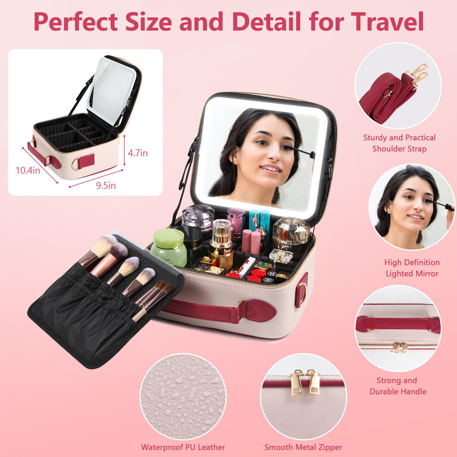 Custom Portable Travel Cosmetic Bag Cases Pink Black Waterproof PU Makeup Bags With Led Makeup Mirror就