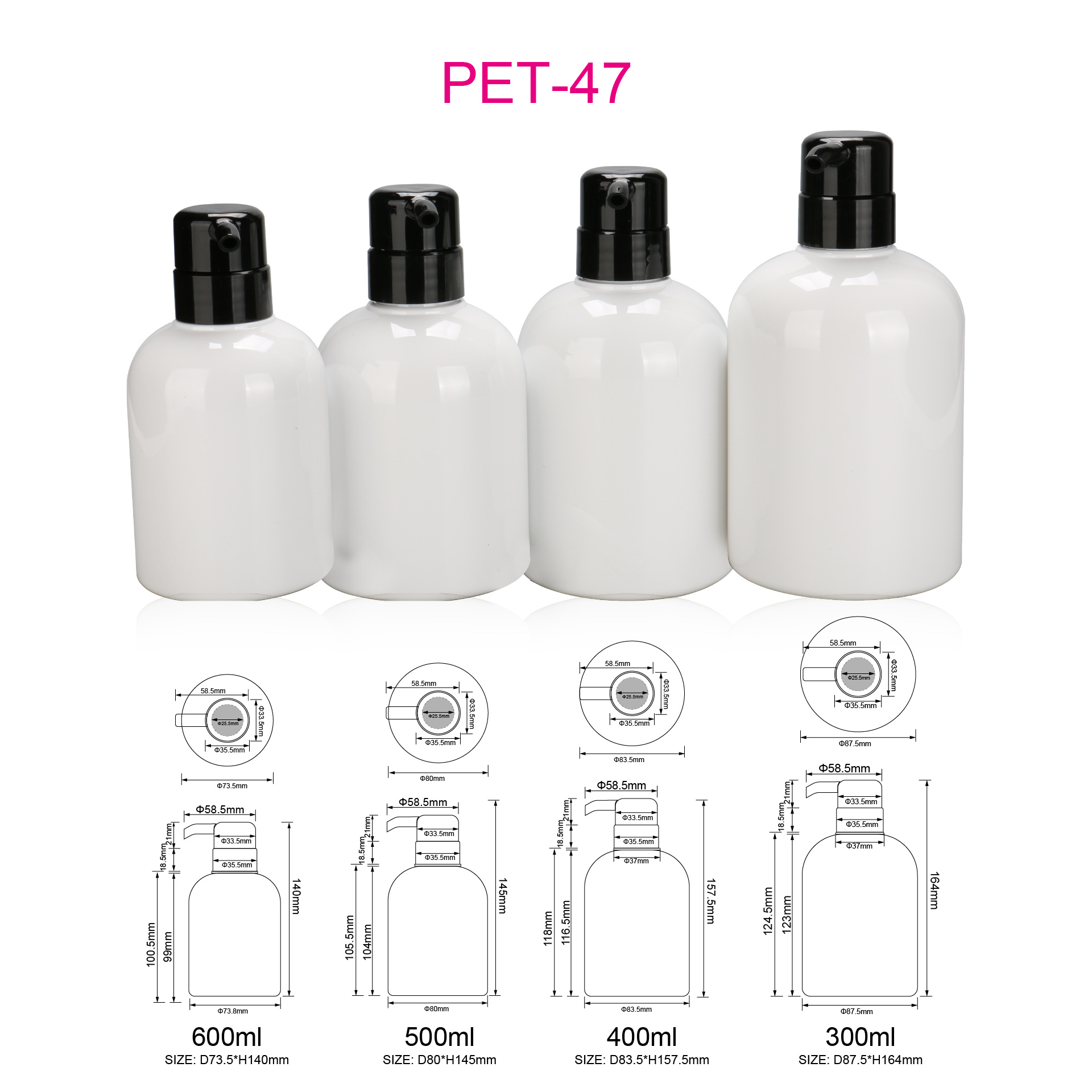 300ml 400ml 500ml 600ml PET Plastic Round Lotion Pump Liquid Soap Hand Wash Bottle With Black Pump Head